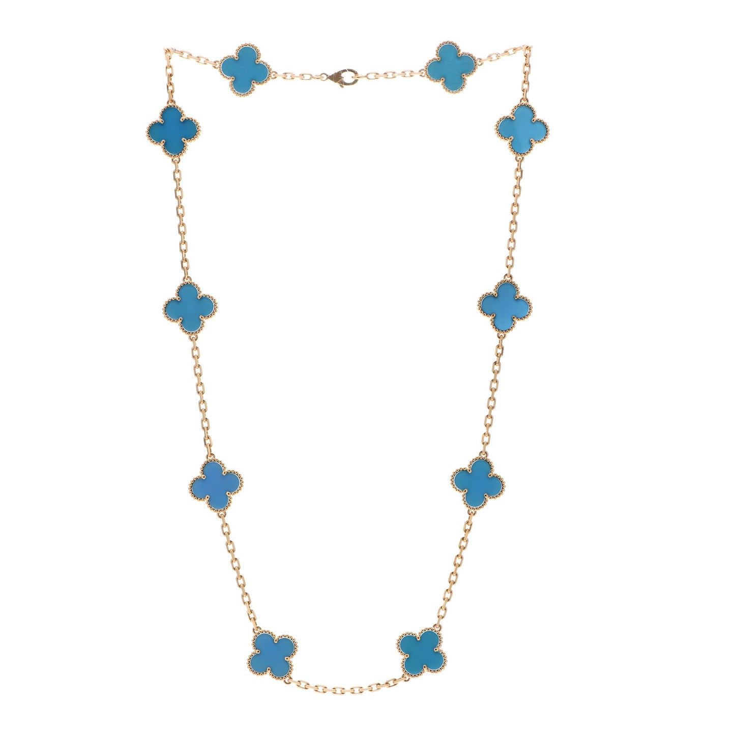 18K Yellow Gold Blue Agate 10 Motifs Vintage Alhambra Necklace