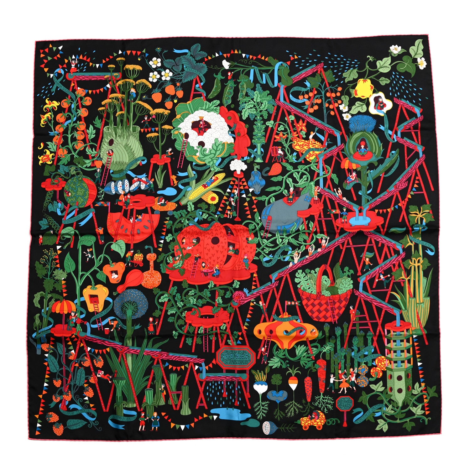 Hermes Silk Le Potager Extraordinaire Scarf 90 Black Rouge Vert