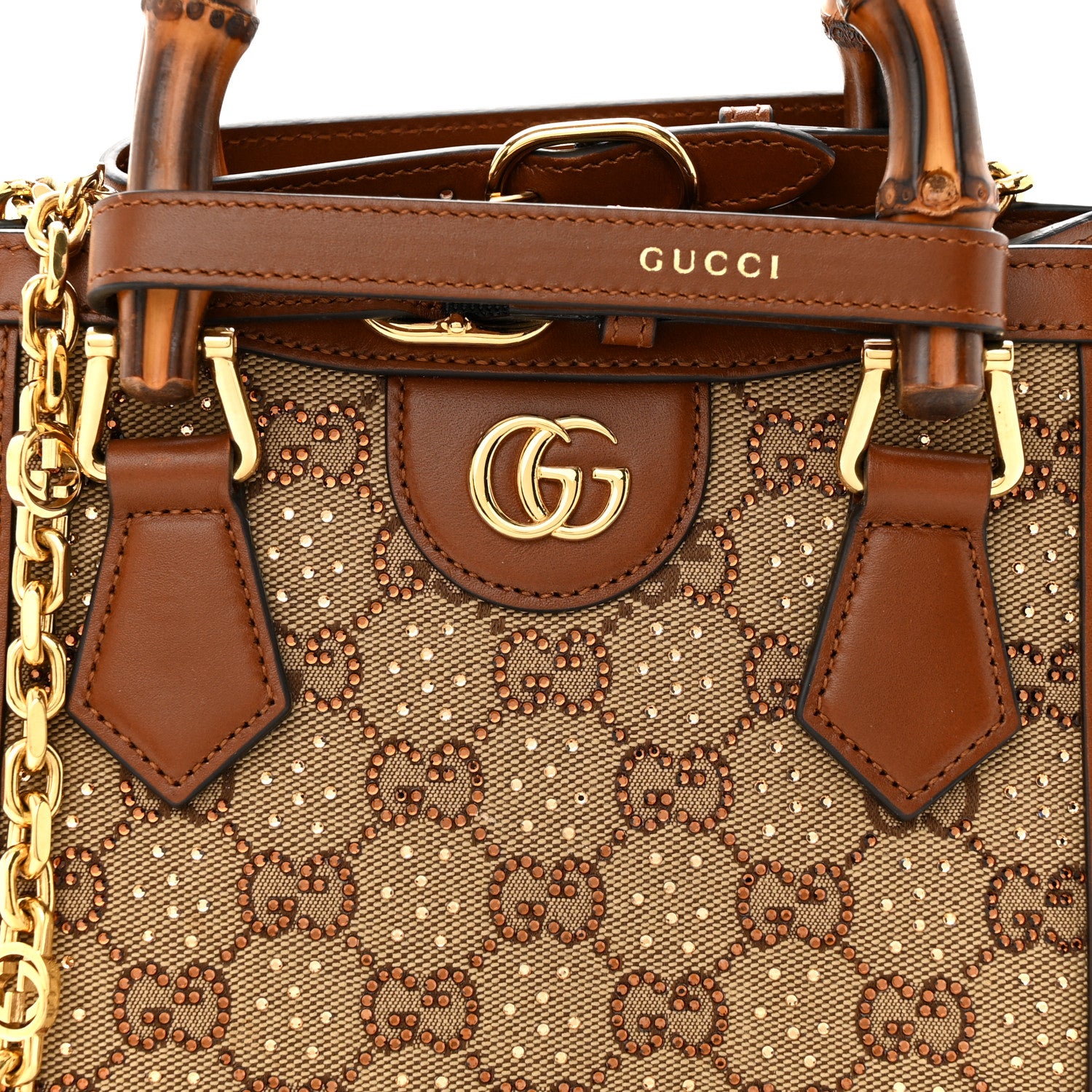 Gucci New Canvas Charisma Calfskin Crystal GG Monogram Mini Diana Tote Bag Camel Ebony 7 of 12