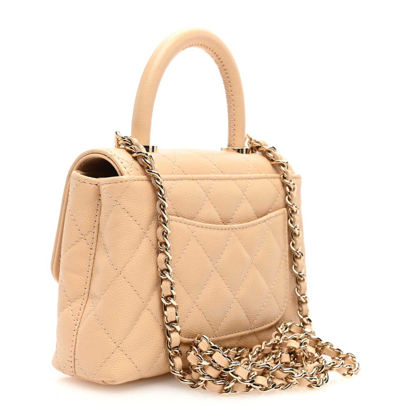 Caviar Quilted Coco Handle Clutch With Chain Beige
