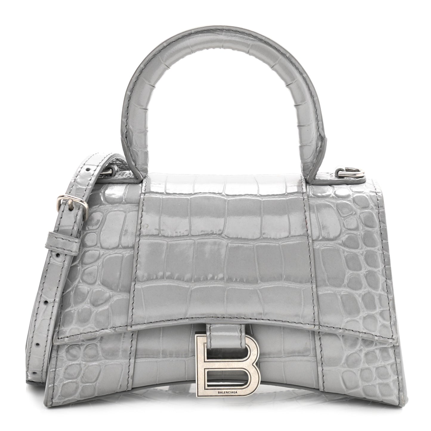 Shiny Calfskin Crocodile Embossed Hourglass Top Handle Bag XS Balenciaga Grey
