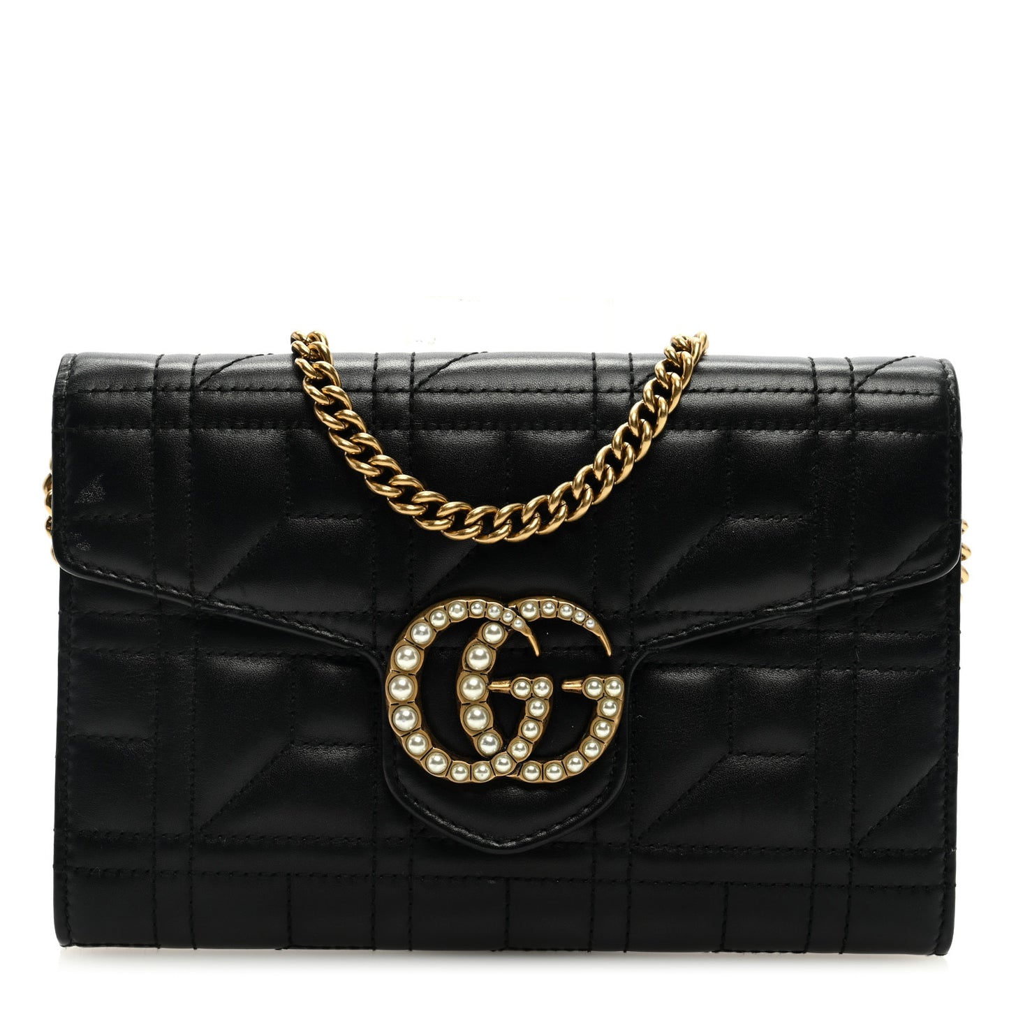Calfskin Matelasse Mini Pearly GG Marmont Chain Wallet Black