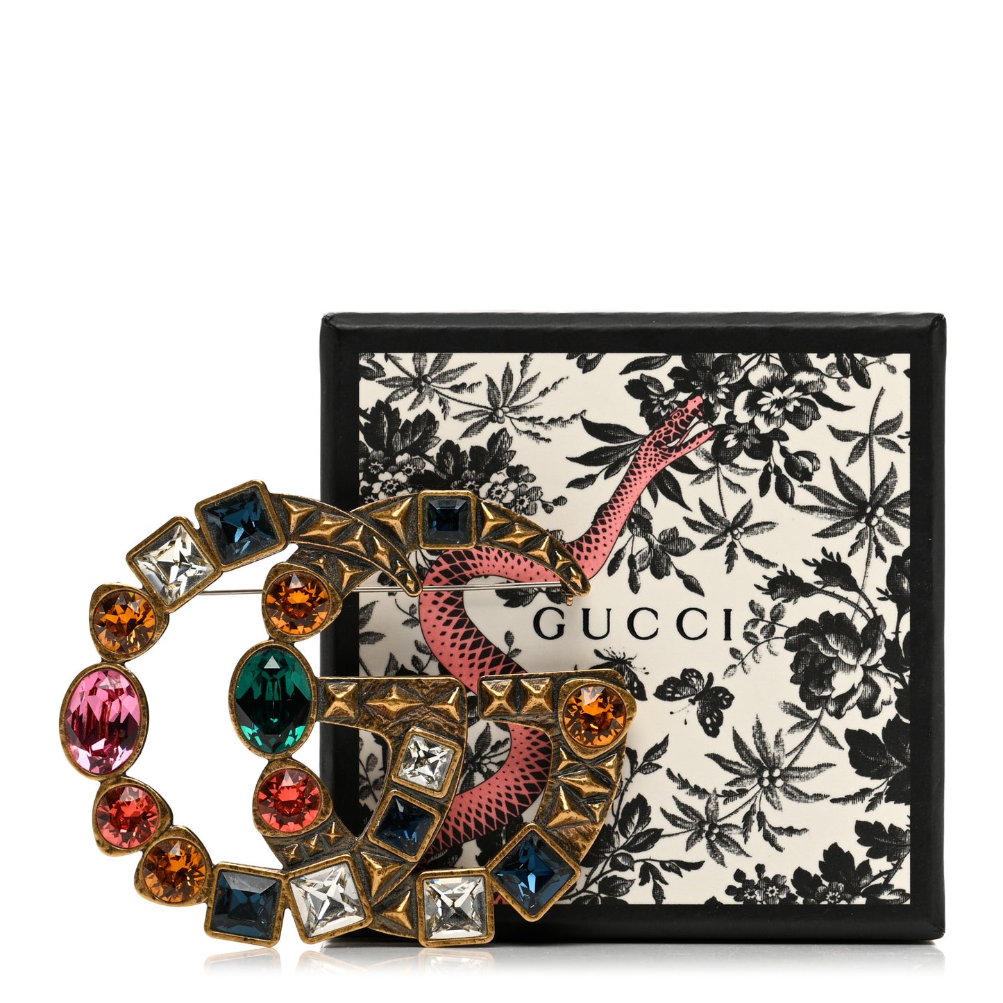 Metal Crystal Double G Brooch Aged Gold Multicolor