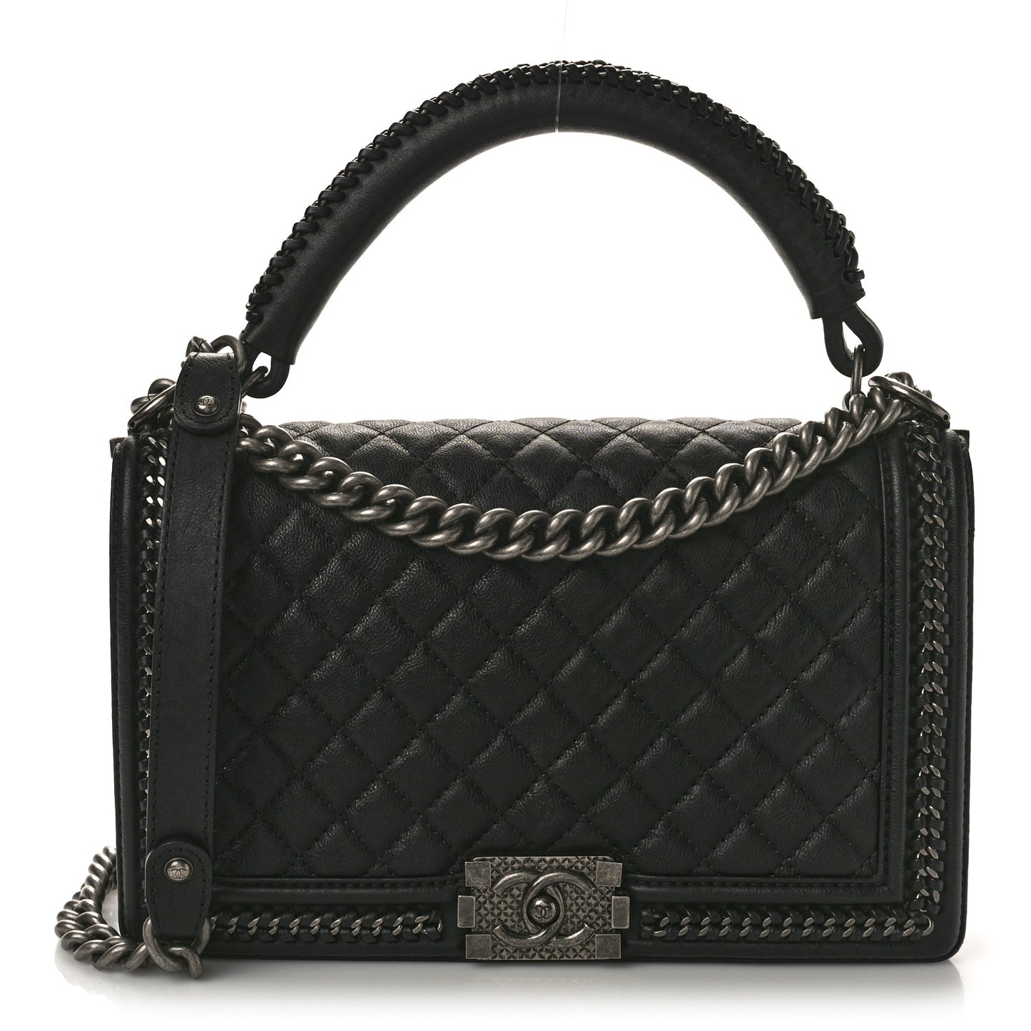 Goatskin Quilted New Medium Boy Handle Flap Black Black