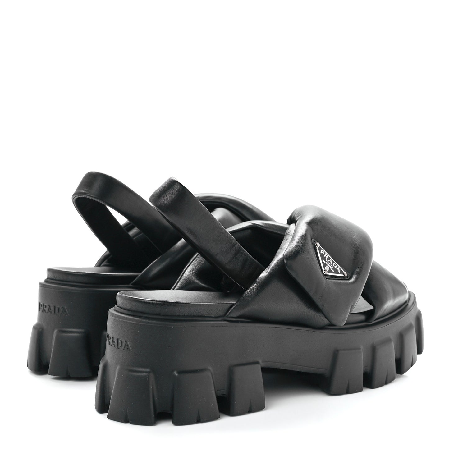 Nappa Soft Metal Triangle Logo Padded Monolith 55mm Slingback Sandals 39 Black