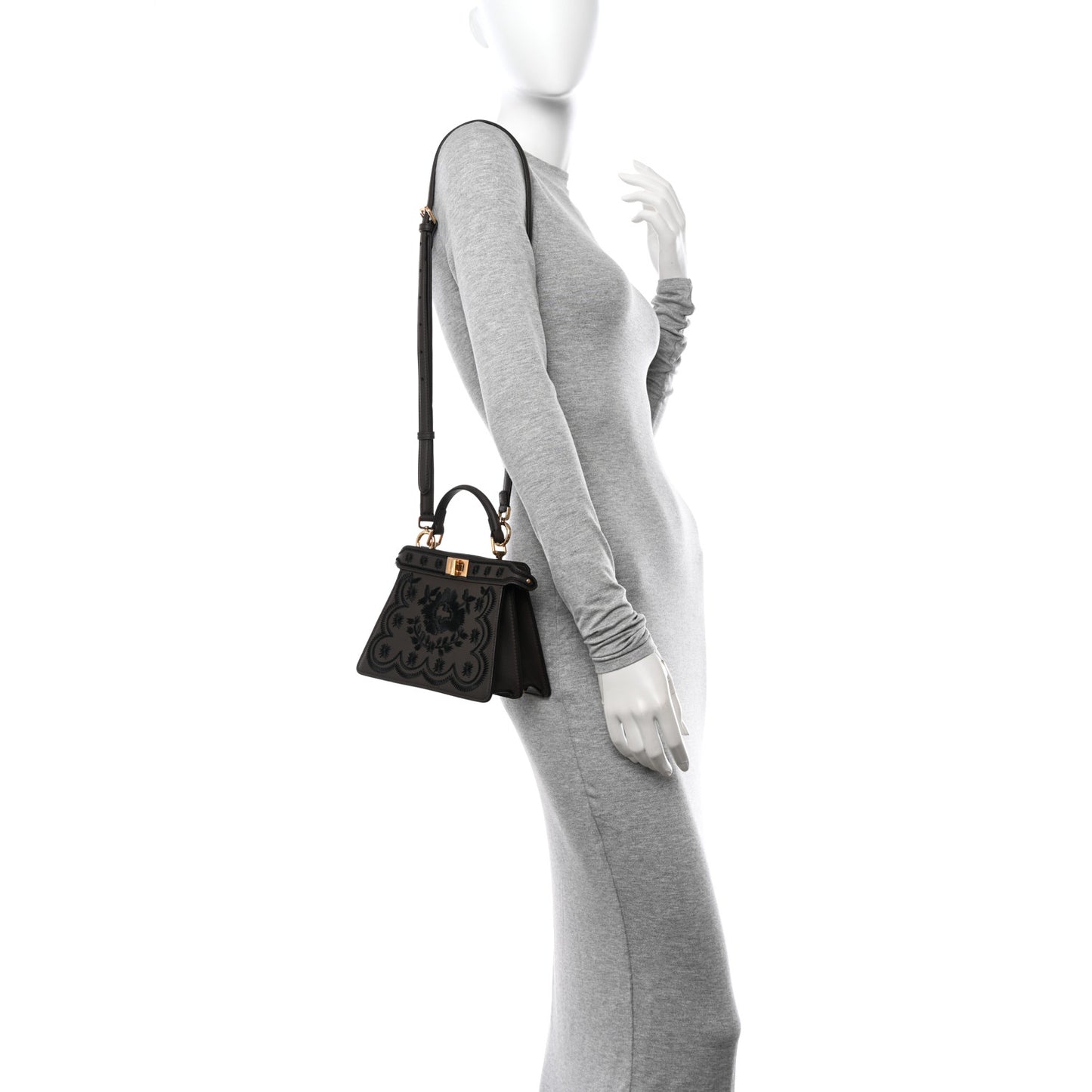 Vitello Seta Shiny Nappa Floral Embroidered Petite Peekaboo I SEE U Satchel Carbone Black