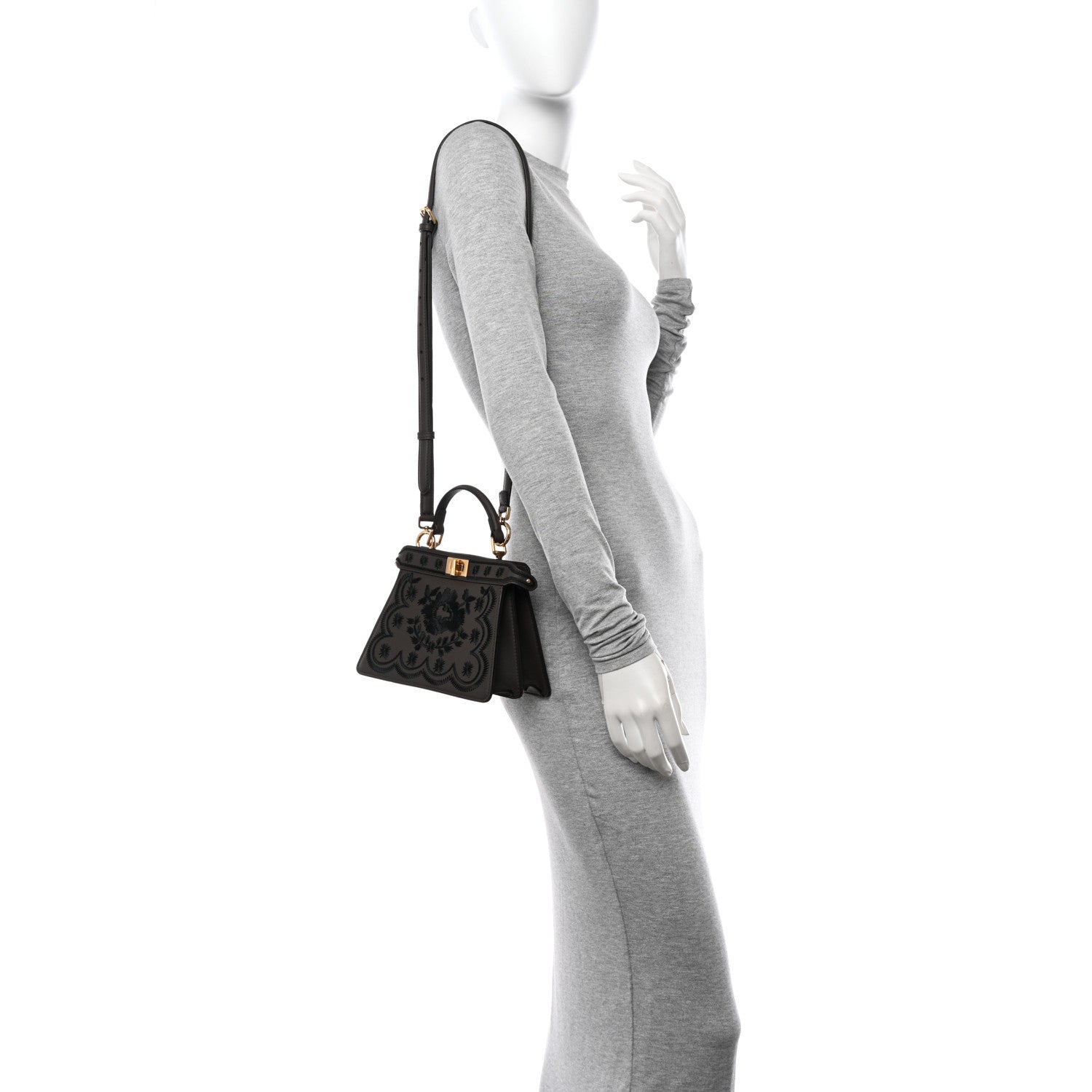 Fendi Vitello Seta Shiny Nappa Floral Embroidered Petite Peekaboo I SEE U Satchel Carbone Black 2 of 10