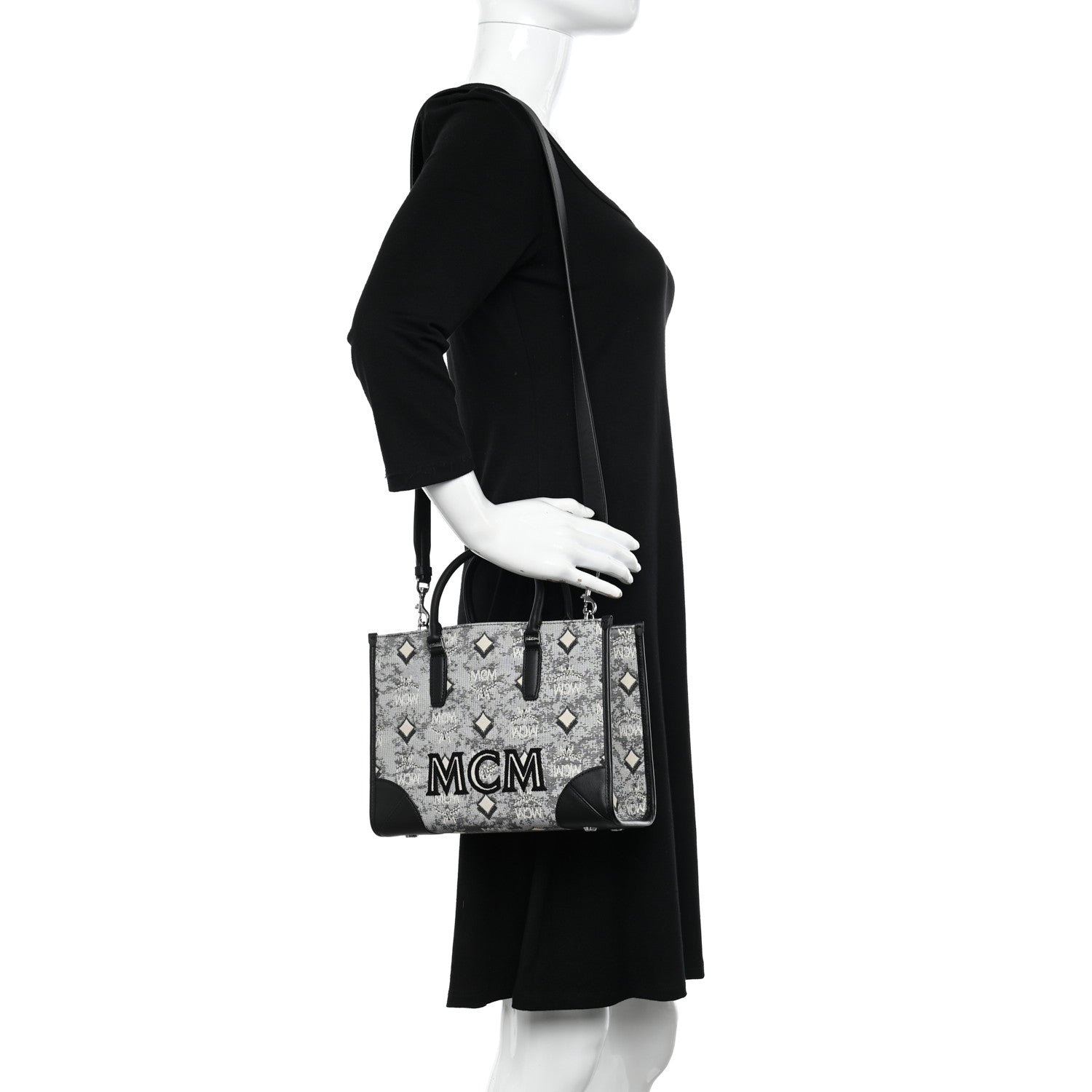MCM Vintage Jacquard Monogram Small Munchen Tote Grey 2 of 9
