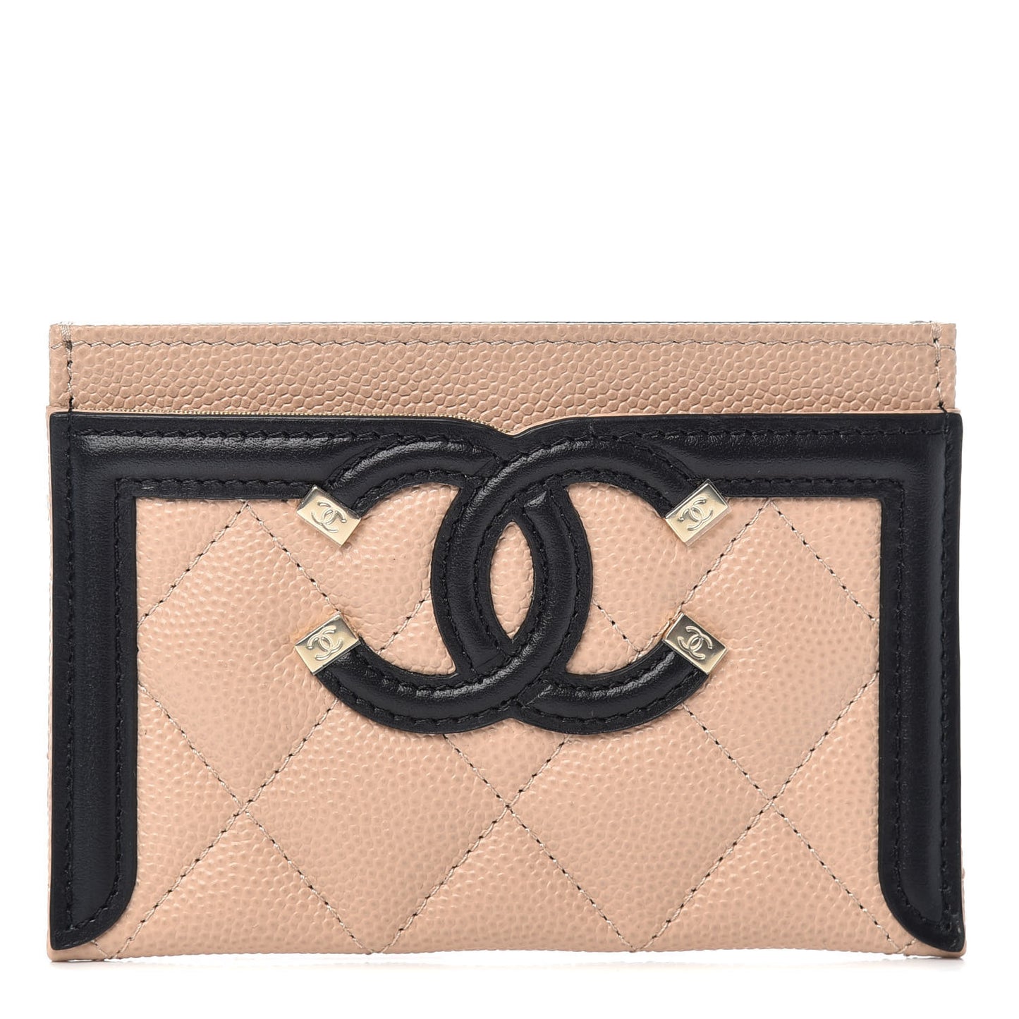 Caviar Quilted Filigree Card Holder Beige Black