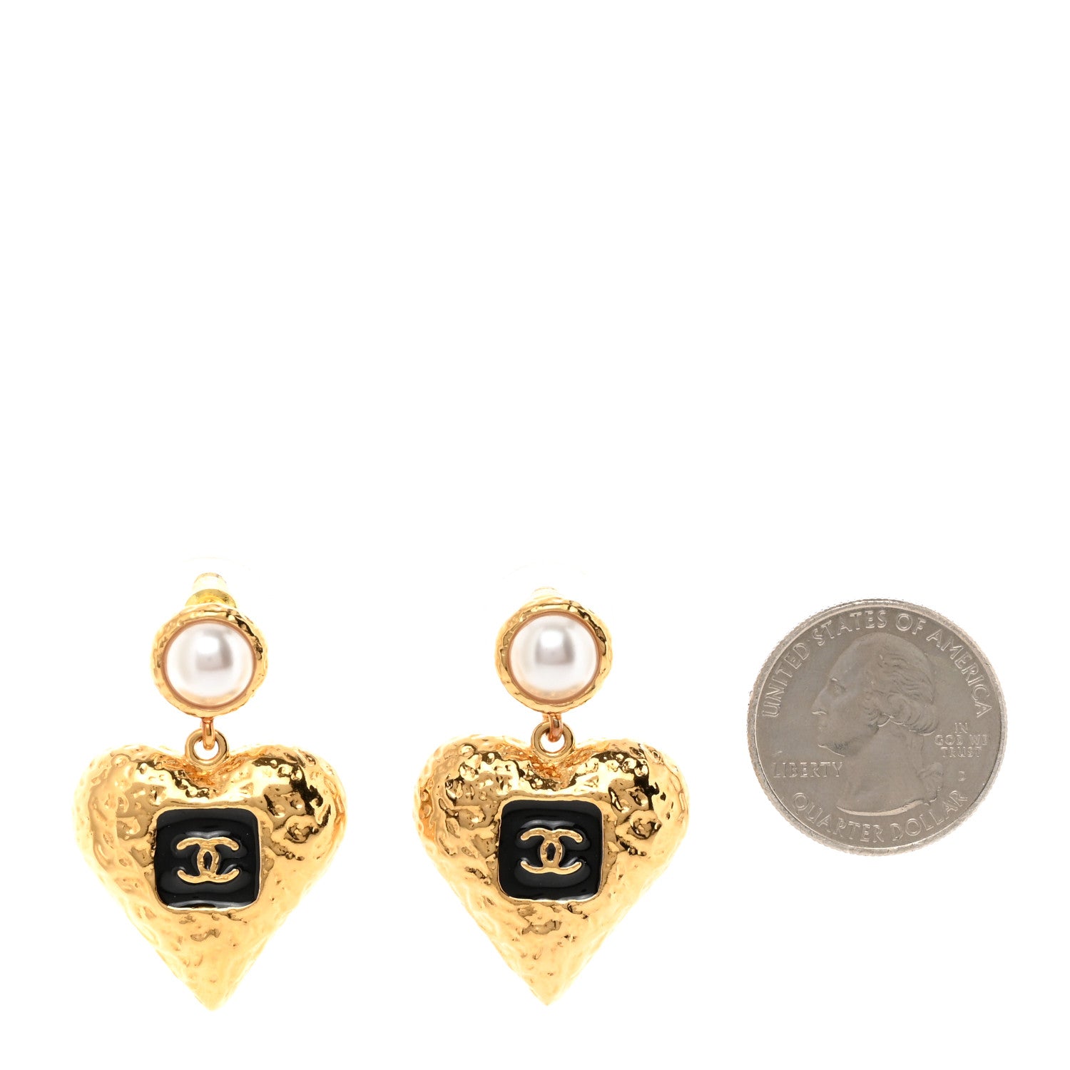 Chanel Metal Pearl Resin CC Heart Drop Earrings Gold Black 2 of 5