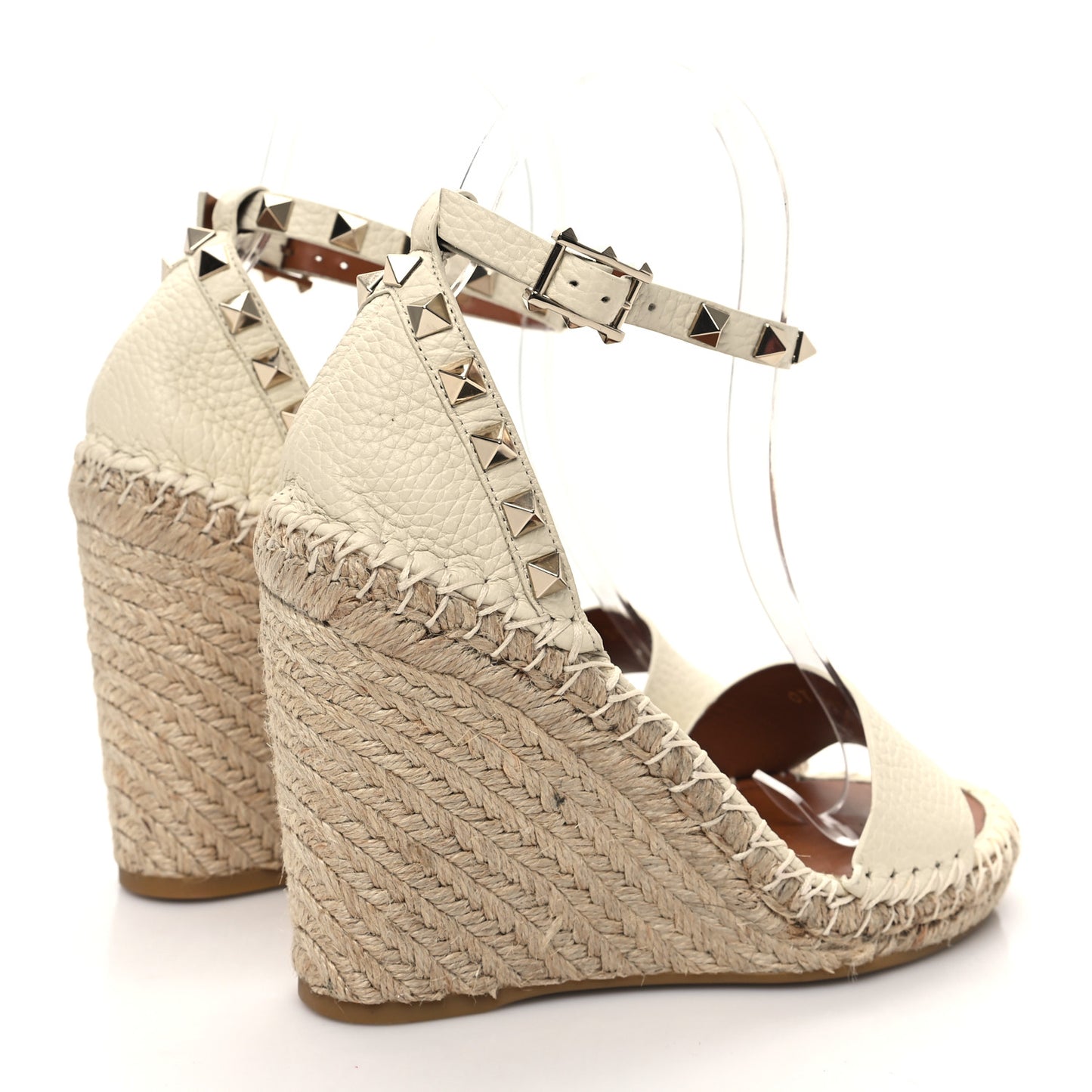 Grained Calfskin Rockstud Ankle Strap Espadrille Wedge Sandals 35 Light Ivory