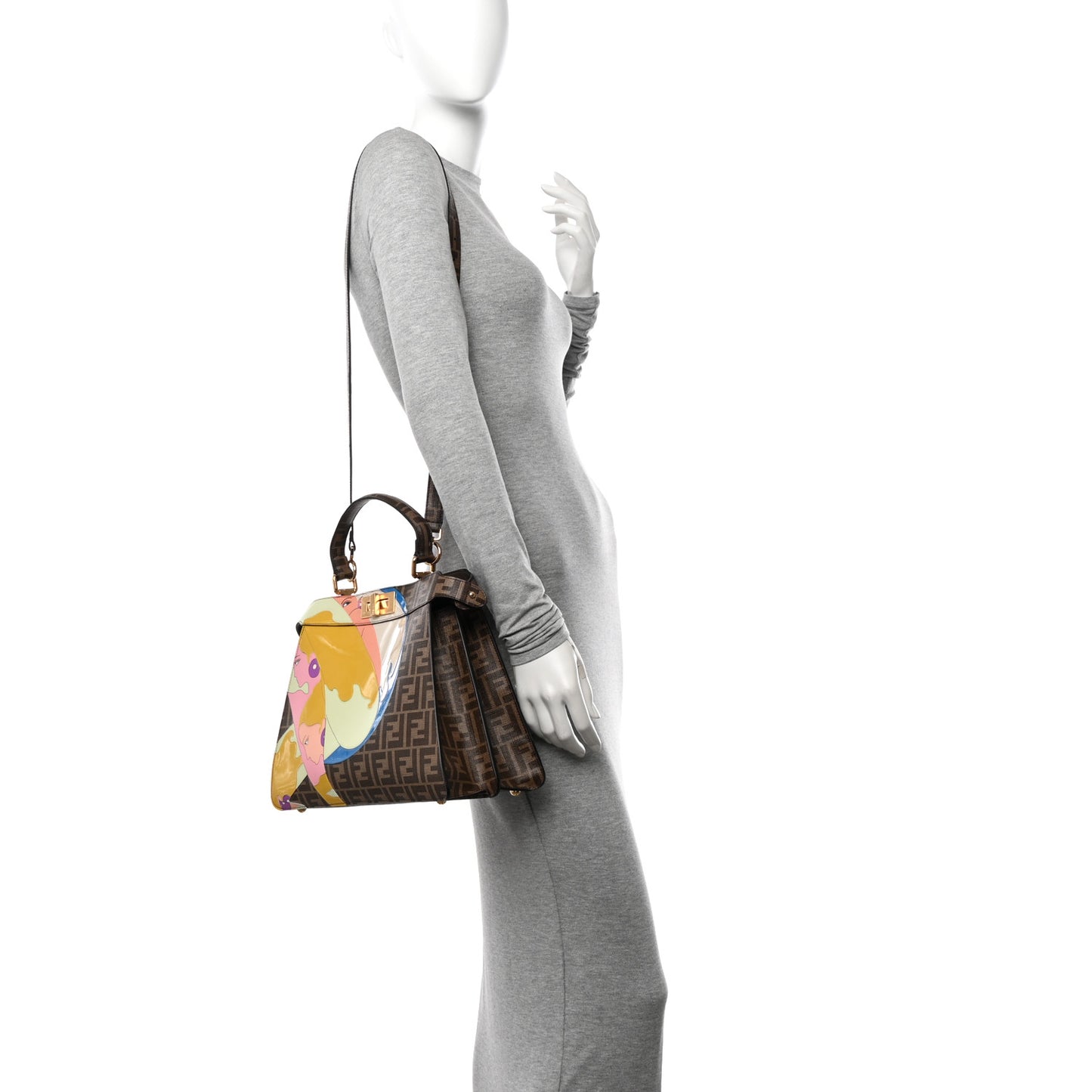 Glazed Fabric Vitello FF 1974 Hairdo Girls Inlay Medium Peekaboo Iconic Satchel Mogano Panna Multicolor
