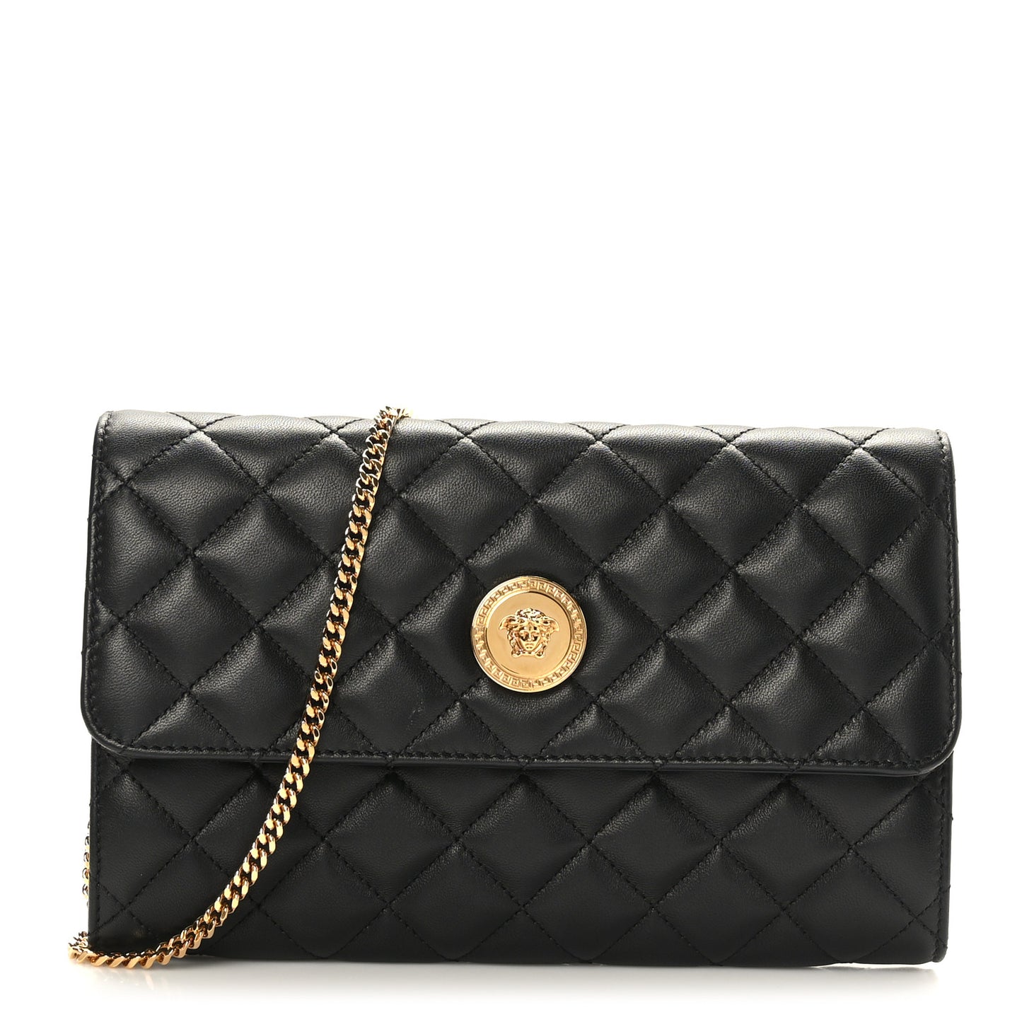 Lambskin Quilted Medusa Wallet on Chain Crossbody Black