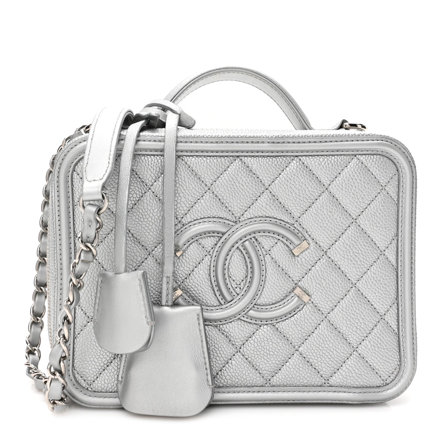 Metallic Caviar Quilted Medium CC Filigree Vanity Case Silver