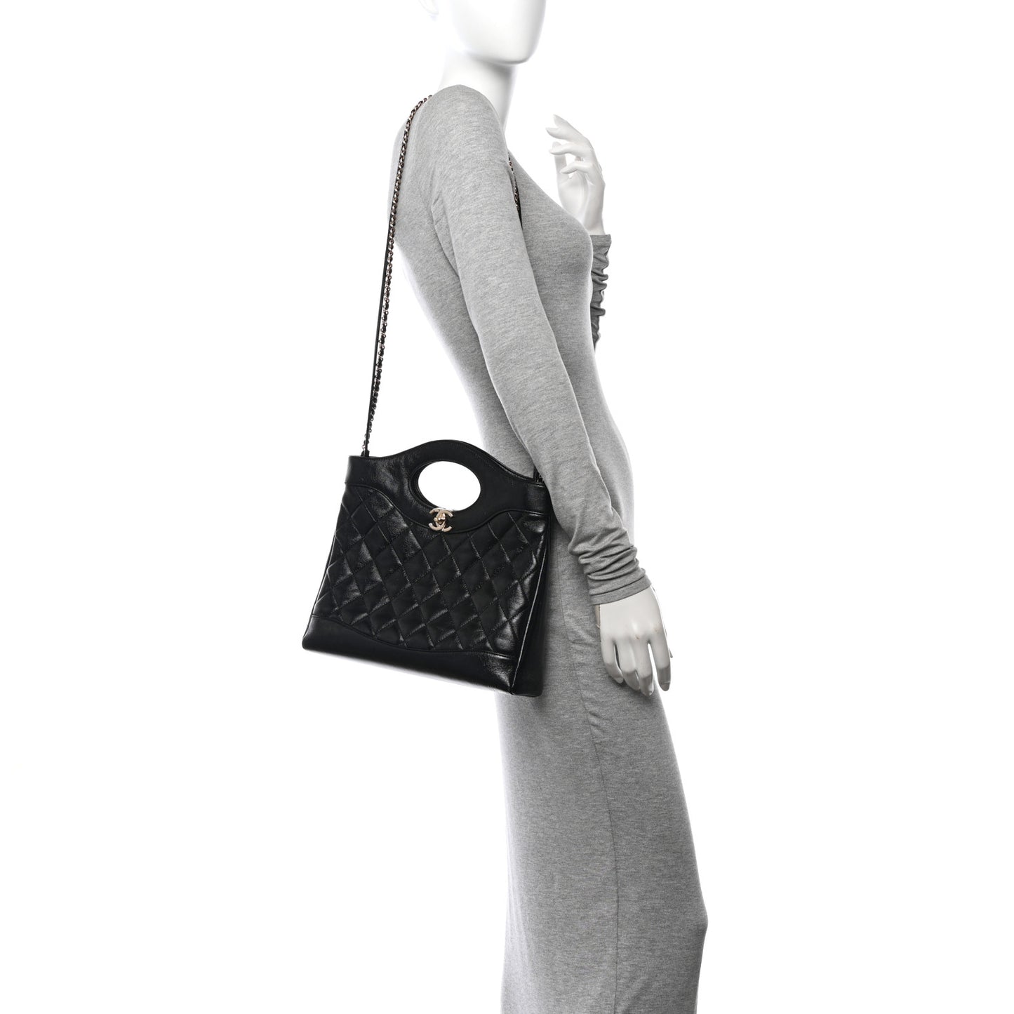 Shiny Crumpled Calfskin Quilted Small 31 Shopping Bag Black