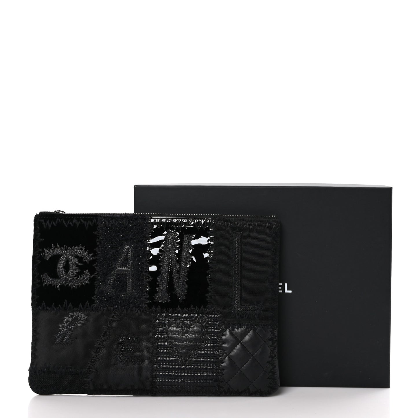 Tweed Patchwork Aged Calfskin Quilted Medium Cosmetic Case Black