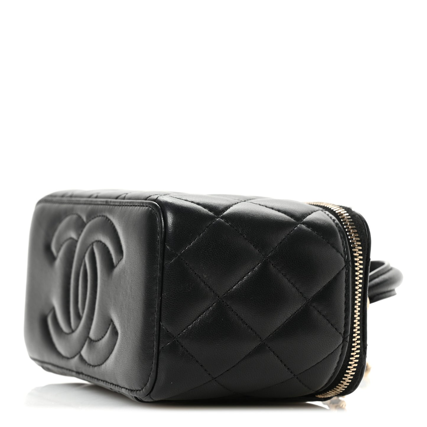 Lambskin Quilted Small Top Handle Vanity Case With Chain Black