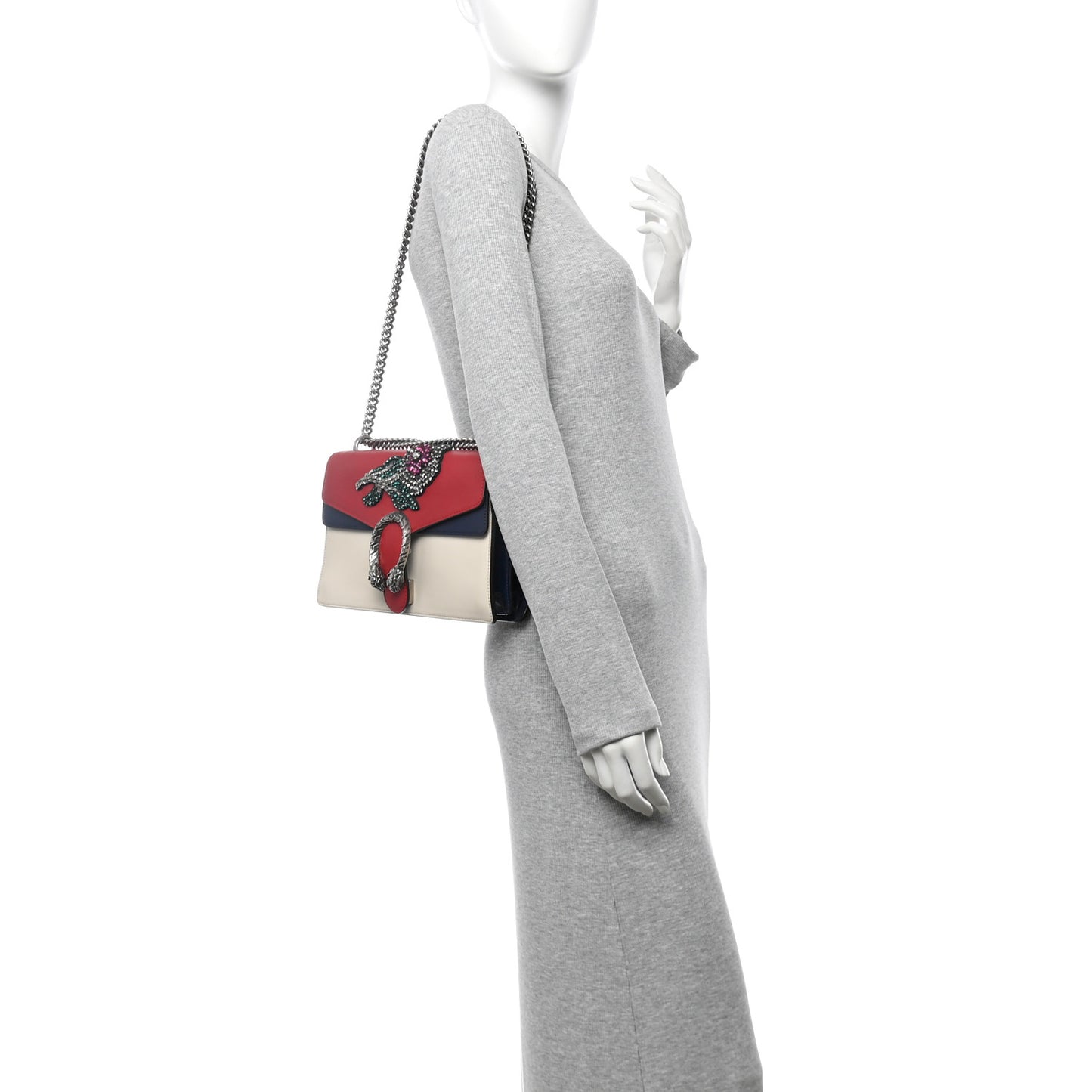 Azalea Calfskin Tri-Color Crystal Embellished Small Dionysus Shoulder Bag Mystic White Hibiscus Red Navy