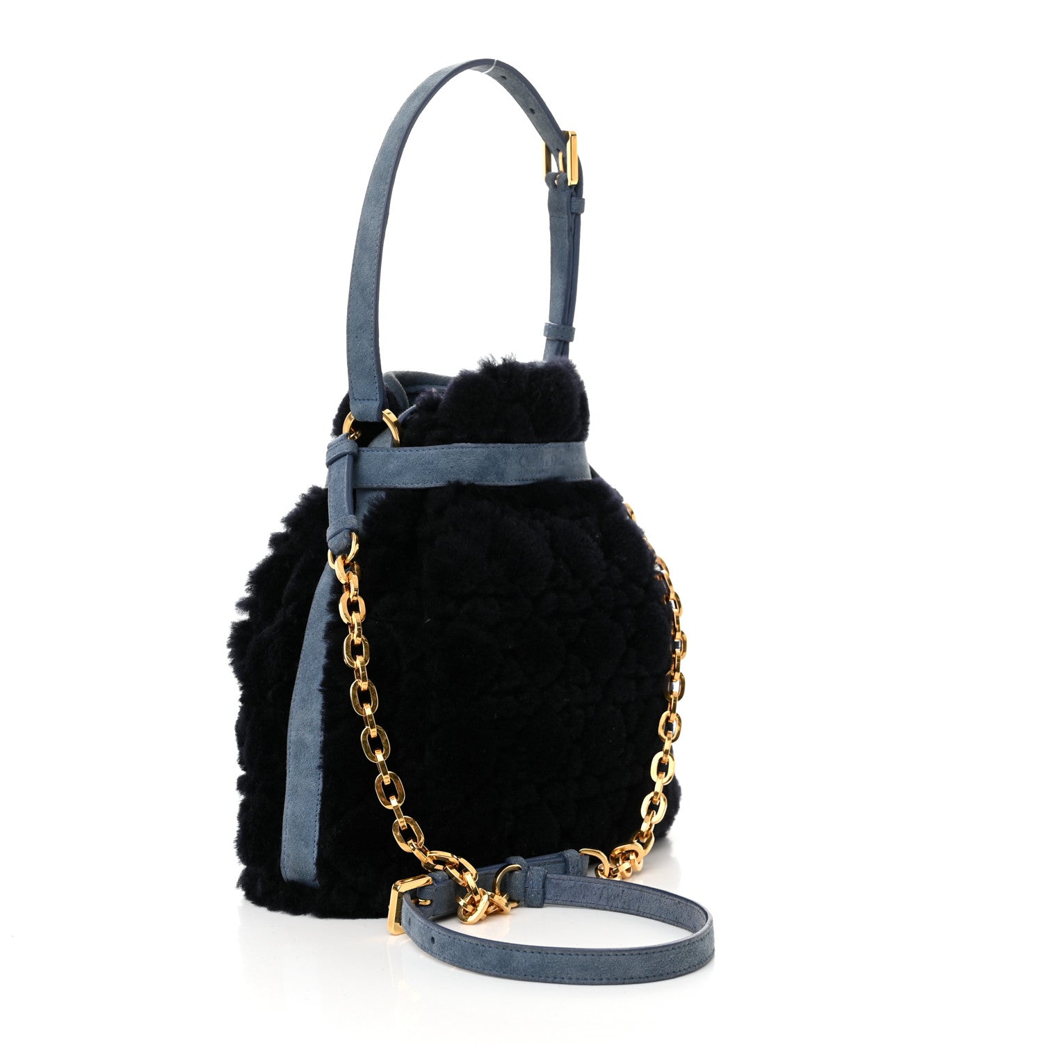 Christian Dior Shearling Suede C'est Dior Cannage Bucket Bag Navy 3 of 9