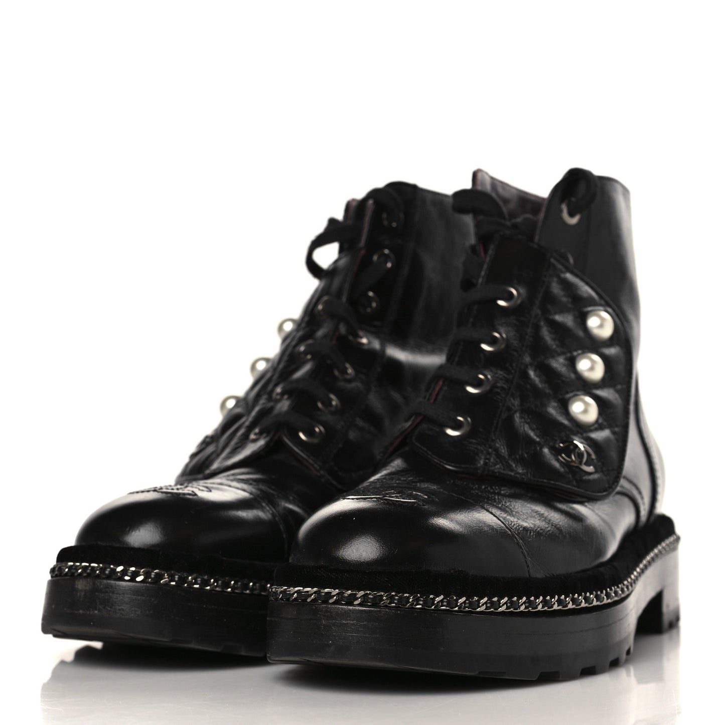 Crackled Calfskin Velvet Pearl Combat Short Boots 37 Black
