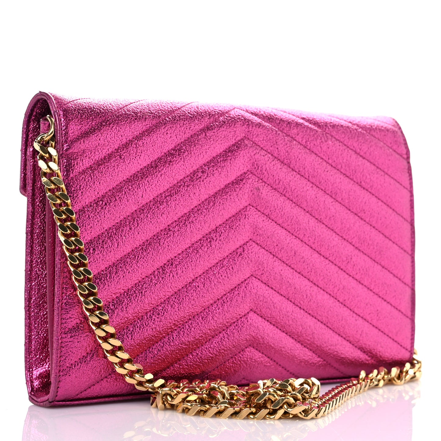 Metallic Crackled Calfskin Matelasse Chevron Monogram Chain Wallet Fuchsia