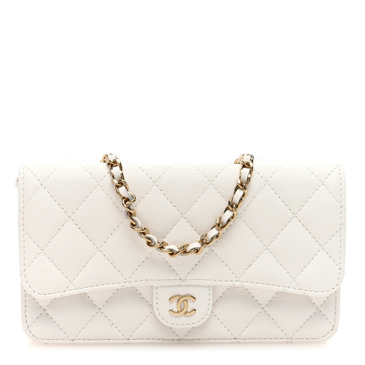 Caviar Quilted Flap Phone Holder With Chain White