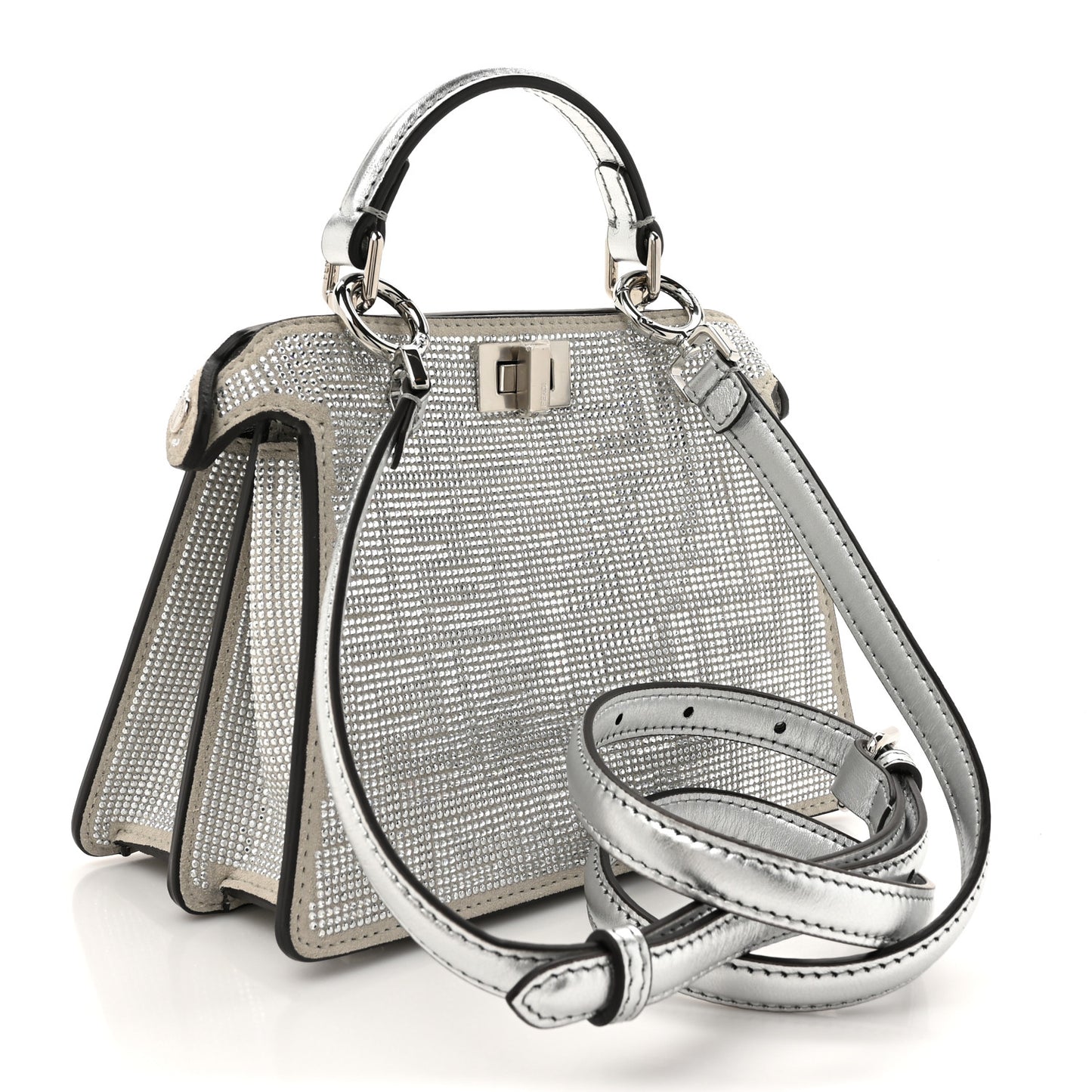 Crystal Vitello Laminato FF Petite Peekaboo I SEE U Satchel Crystal Argento