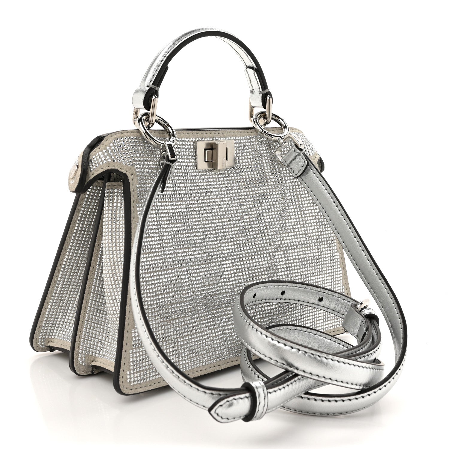 Fendi Crystal Vitello Laminato FF Petite Peekaboo I SEE U Satchel Crystal Argento 3 of 11