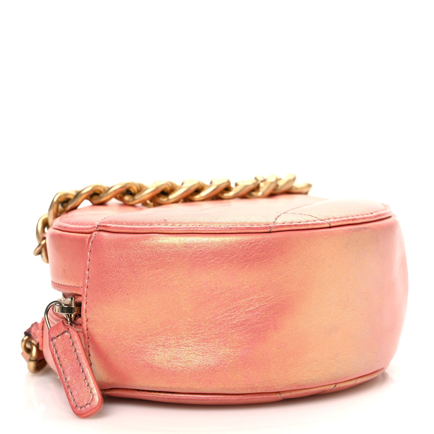 Iridescent Calfskin Quilted Chanel 19 Round Clutch With Chain Pink