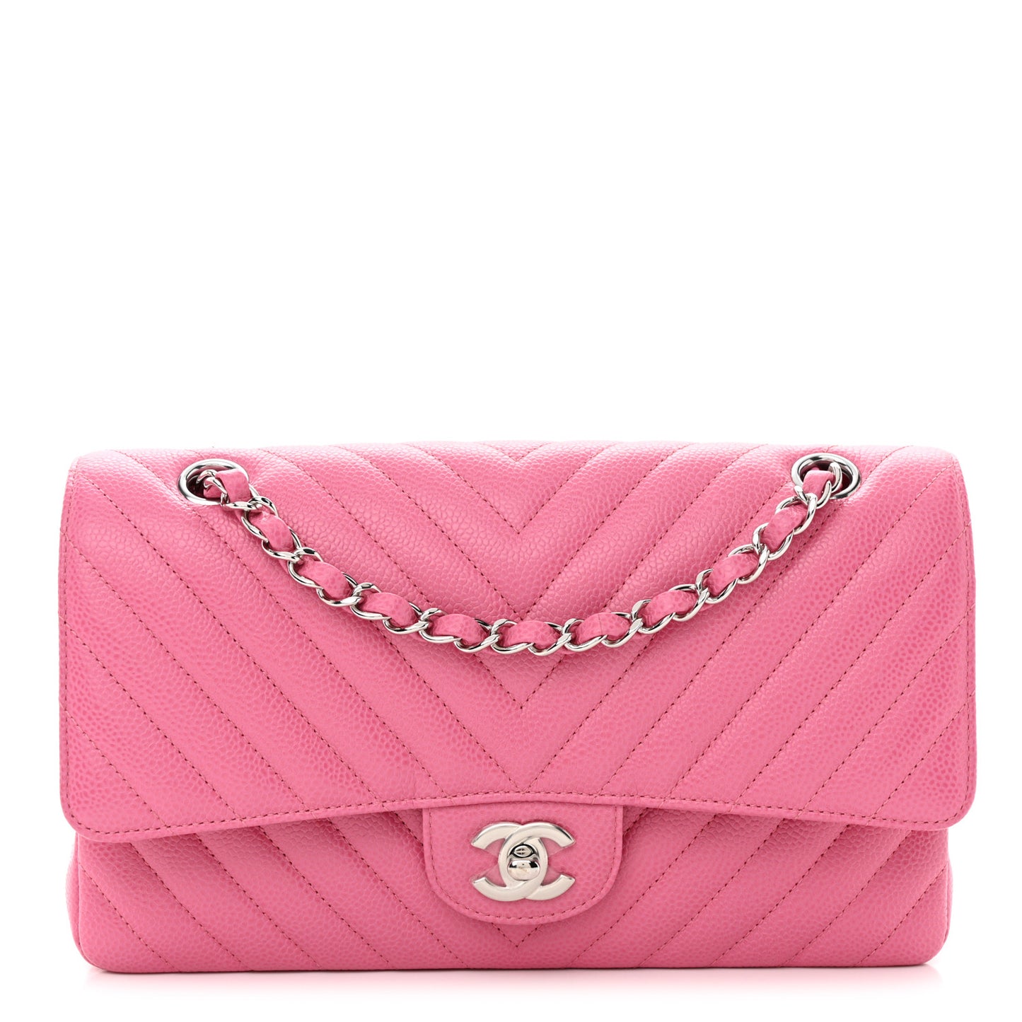 Caviar Chevron Quilted Medium Double Flap Pink