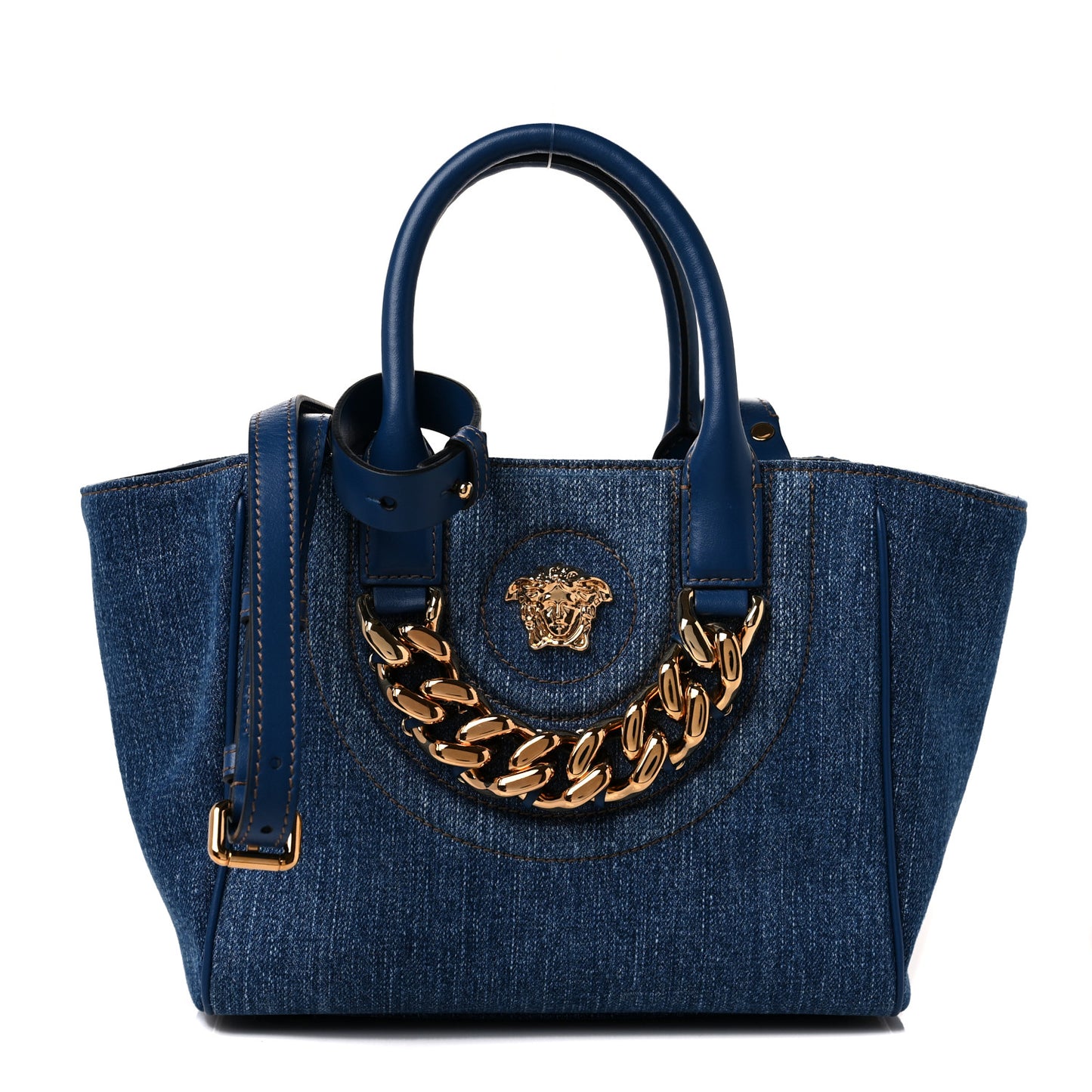 Denim Mini La Medusa Chain Tote Navy Blue