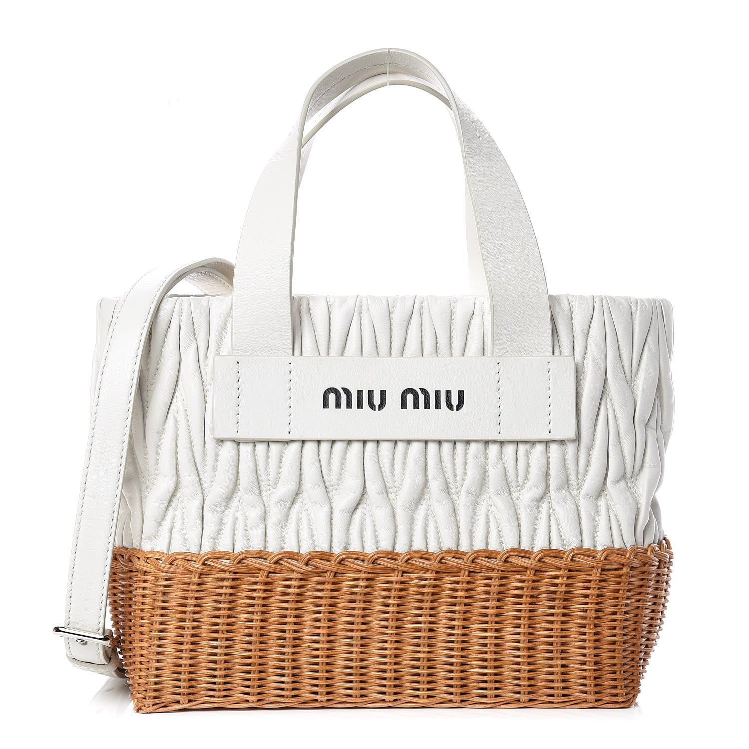 Miu Miu Nappa Matelasse Wicker Basket Bag White Miele 395189