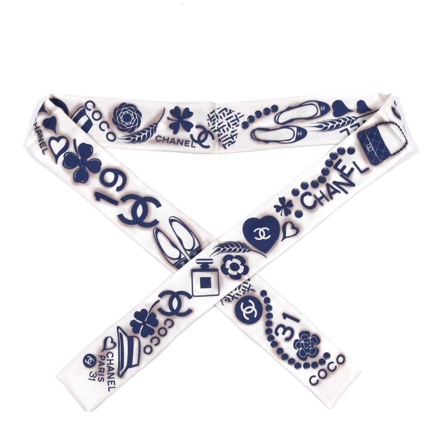Silk CC Slim Bandeau Scarf White Blue