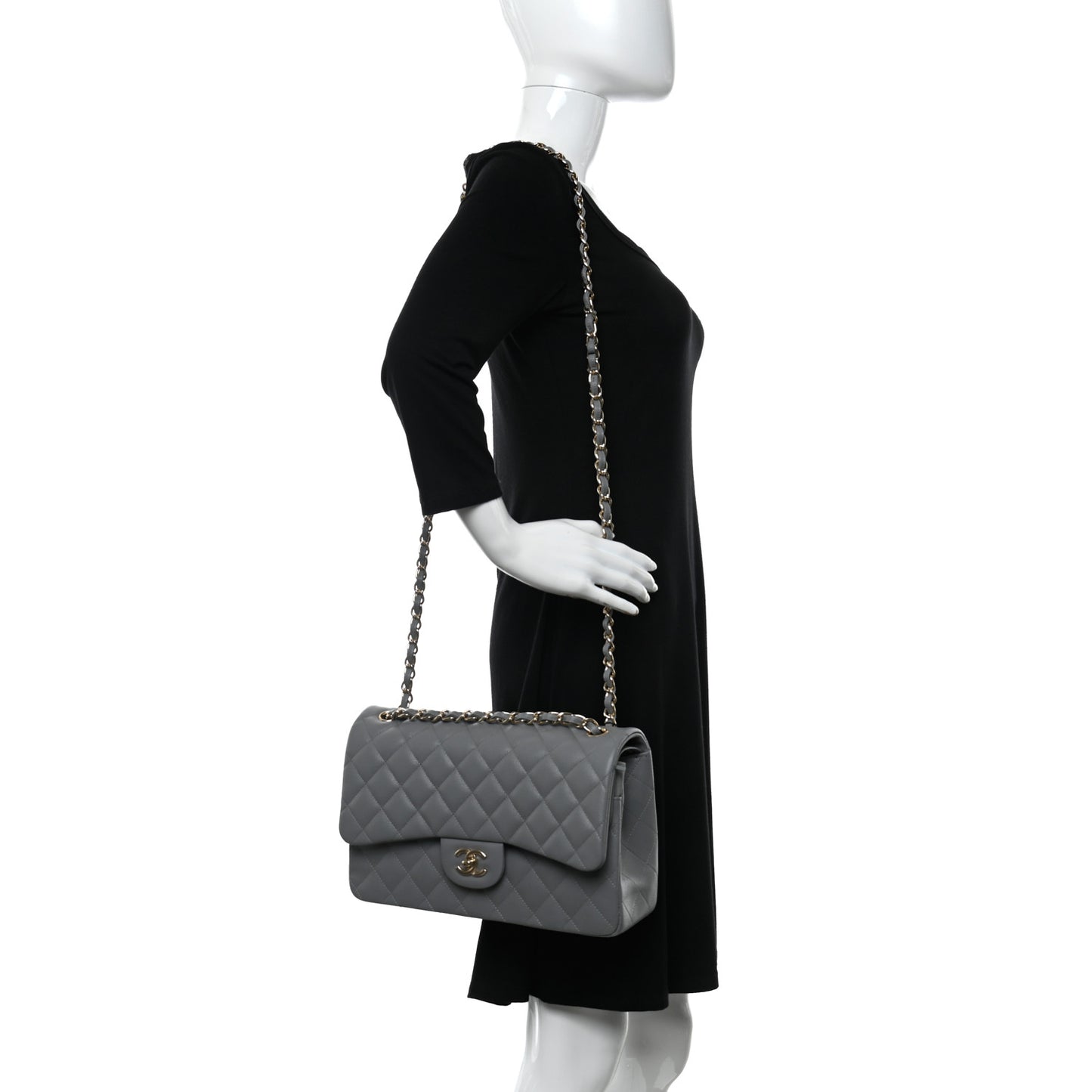 Caviar Quilted Jumbo Double Flap Grey
