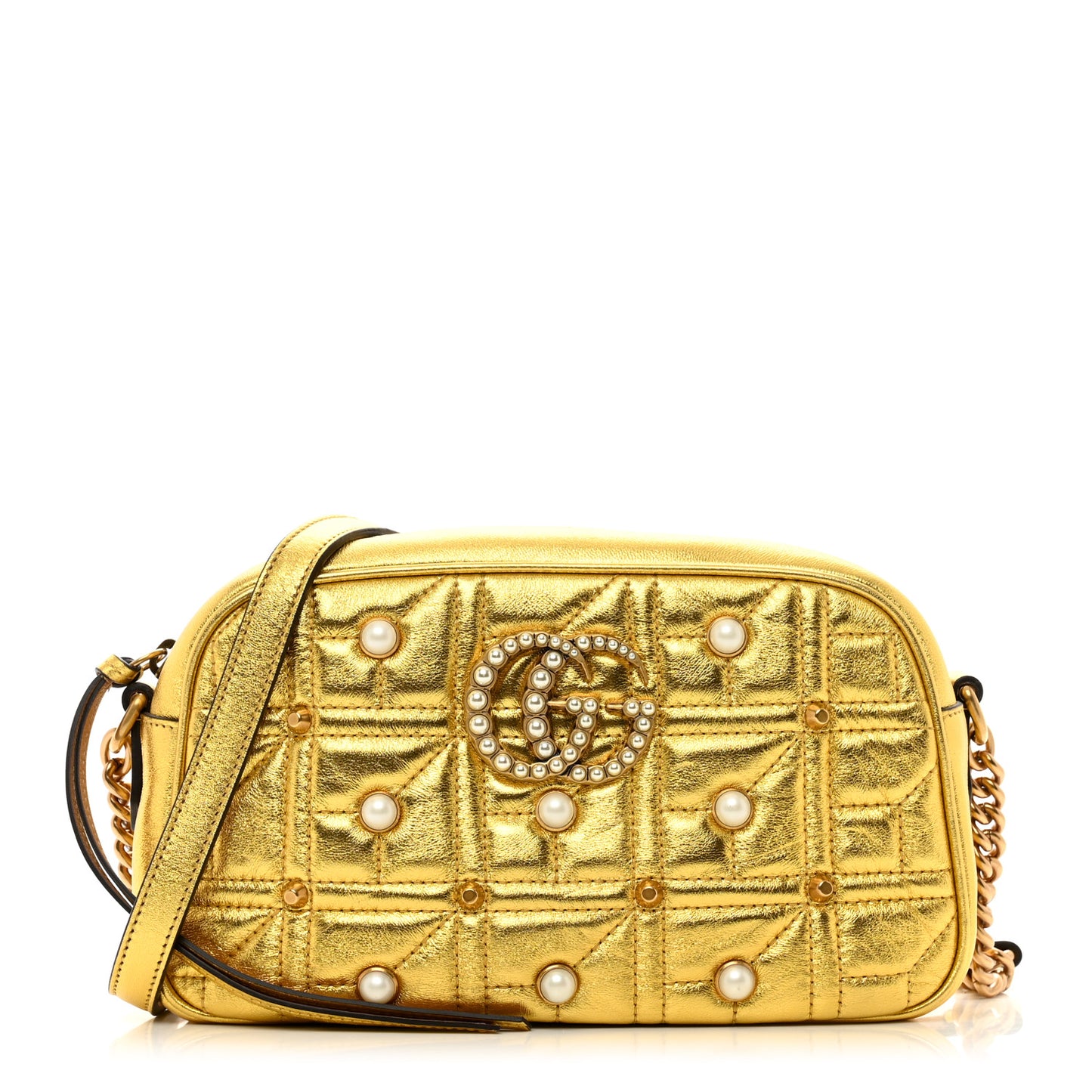 Metallic Calfskin Matelasse Studded Small Pearly GG Marmont Chain Shoulder Bag Gold