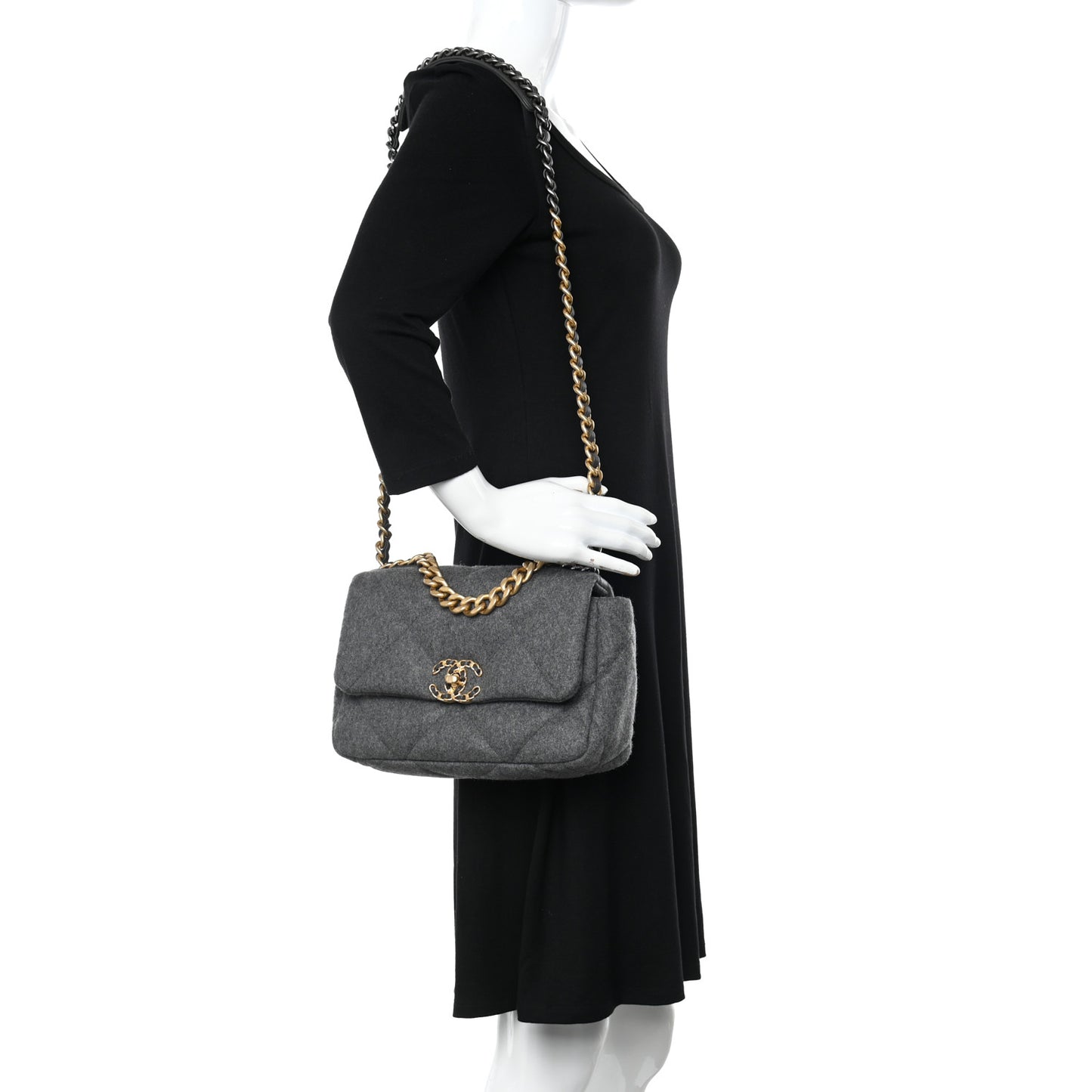 Wool Quilted Large Chanel 19 Flap Grey