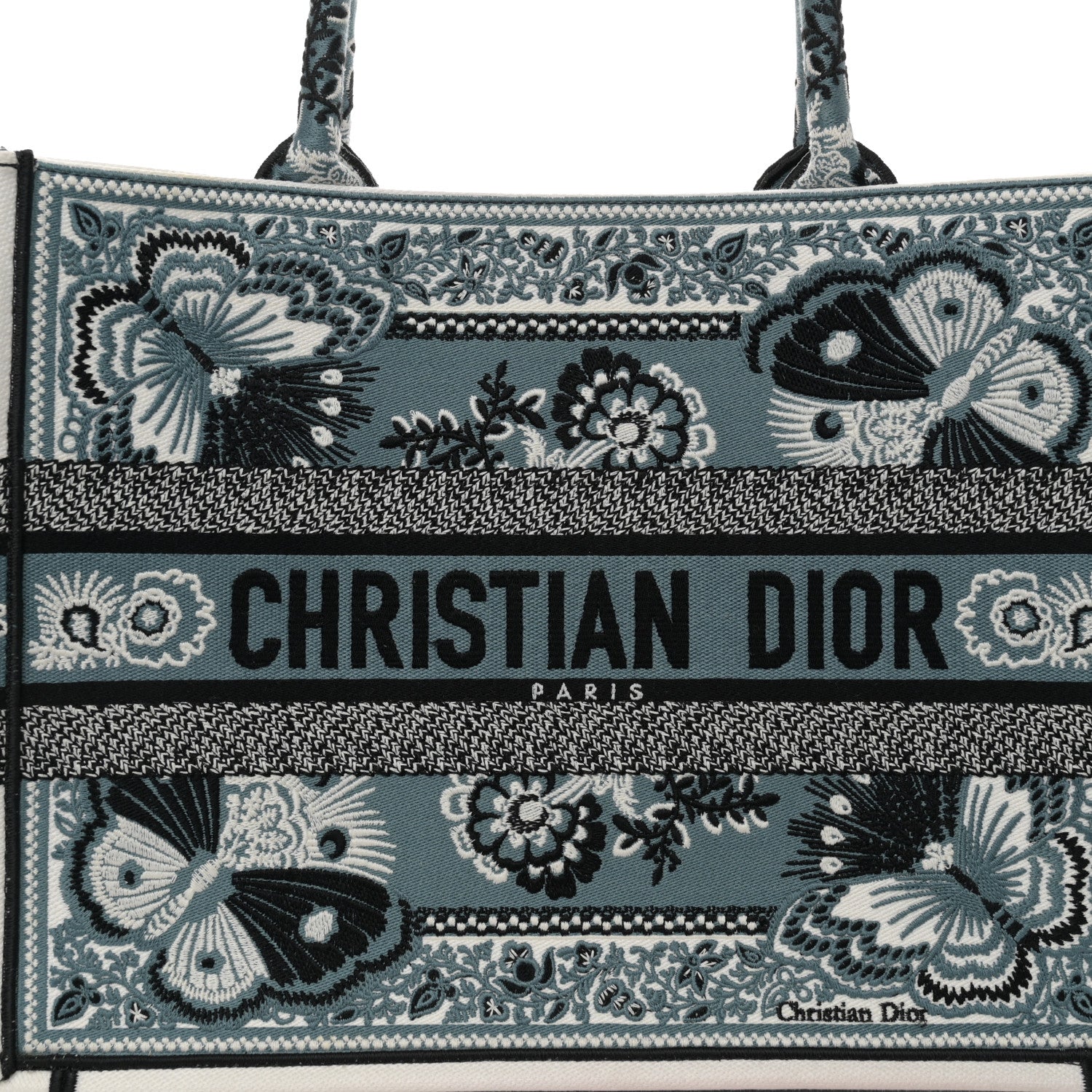 Christian Dior Canvas Butterfly Bandana Embroidered Medium Book Tote Black White 8 of 15