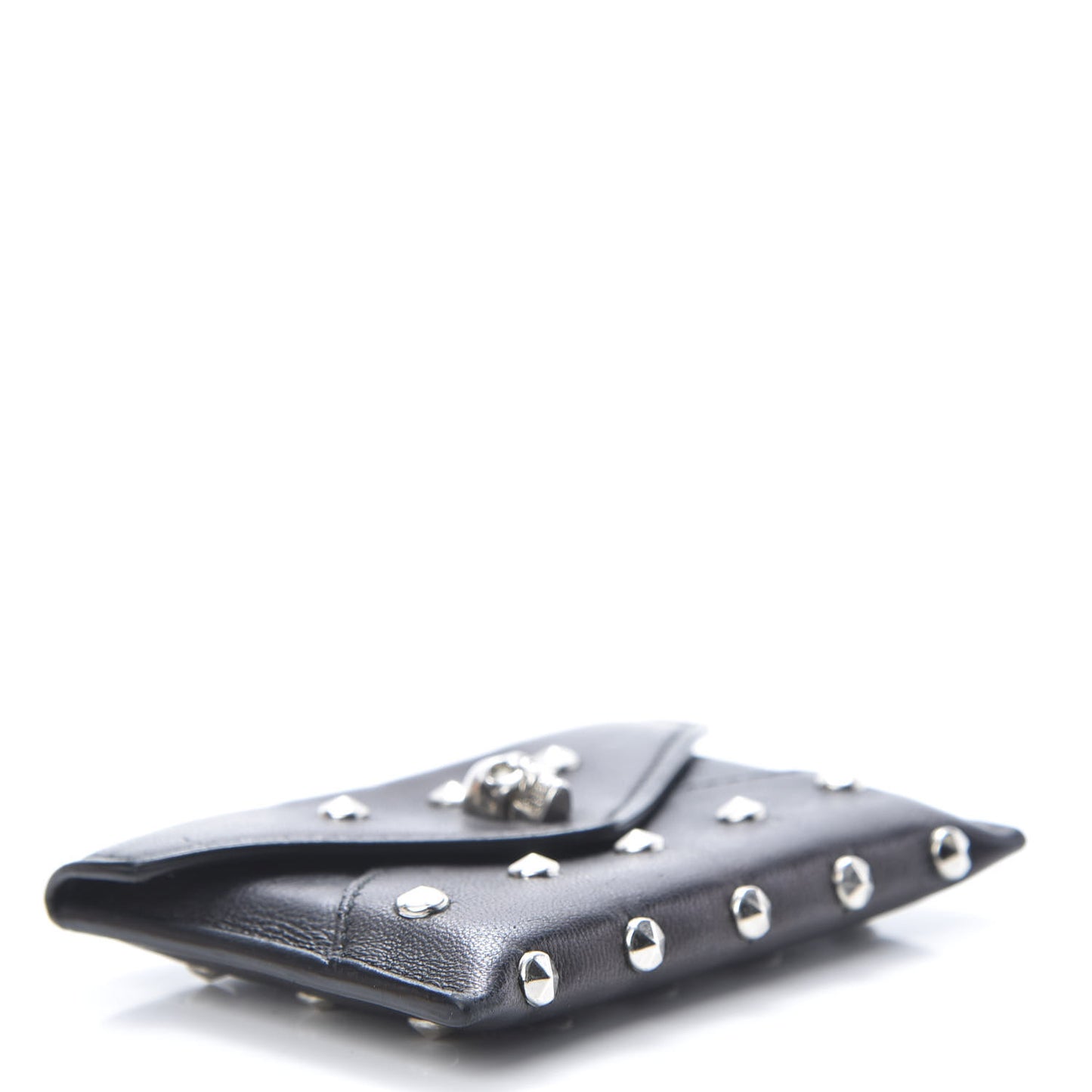Calfskin Studded Skull Envelope Card Holder Black