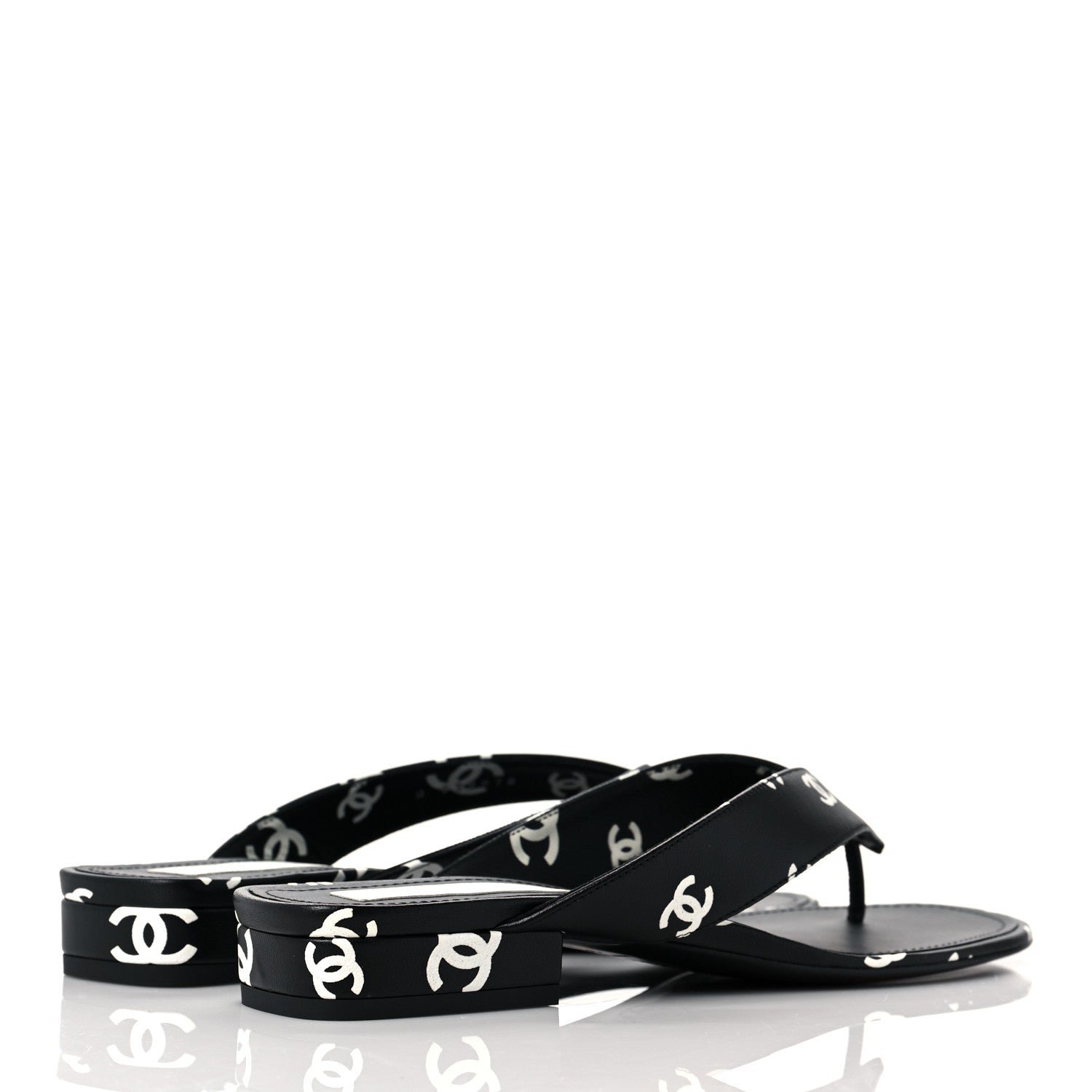 Chanel Lambskin Printed CC Thong Sandals 38.5 Black White 4 of 9