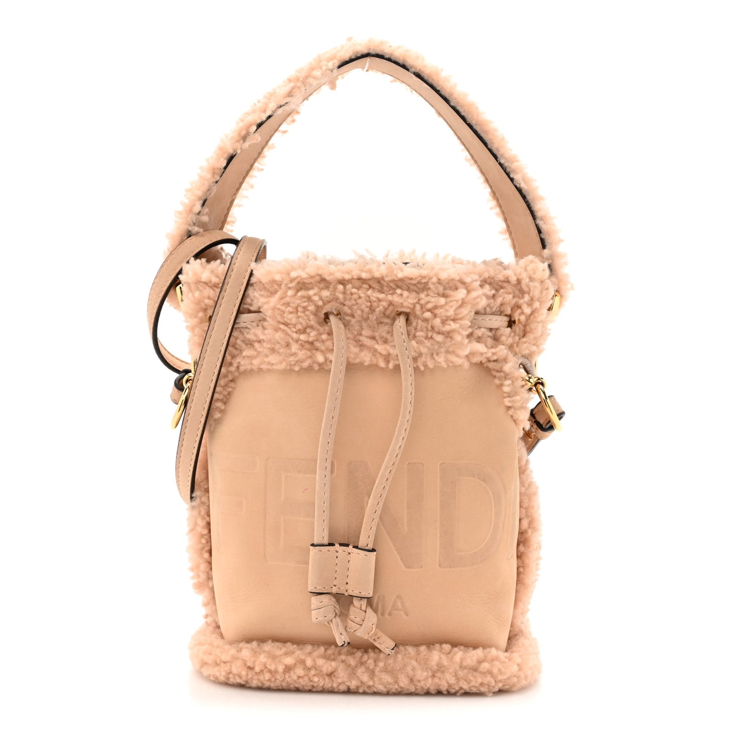 Shearling Suede F is Fendi Logo Embossed Mini Mon Tresor Bucket Bag Light Rose