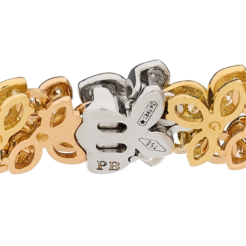 18K Yellow White Rose Gold Diamond Flower Link Bracelet