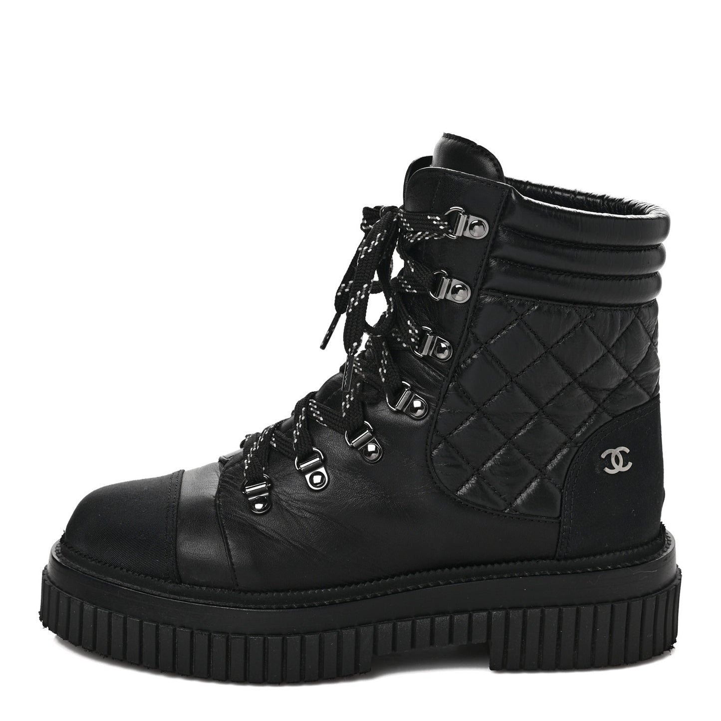 Calfskin Grosgrain Quilted Lace Up Boots 39.5 Black Grey
