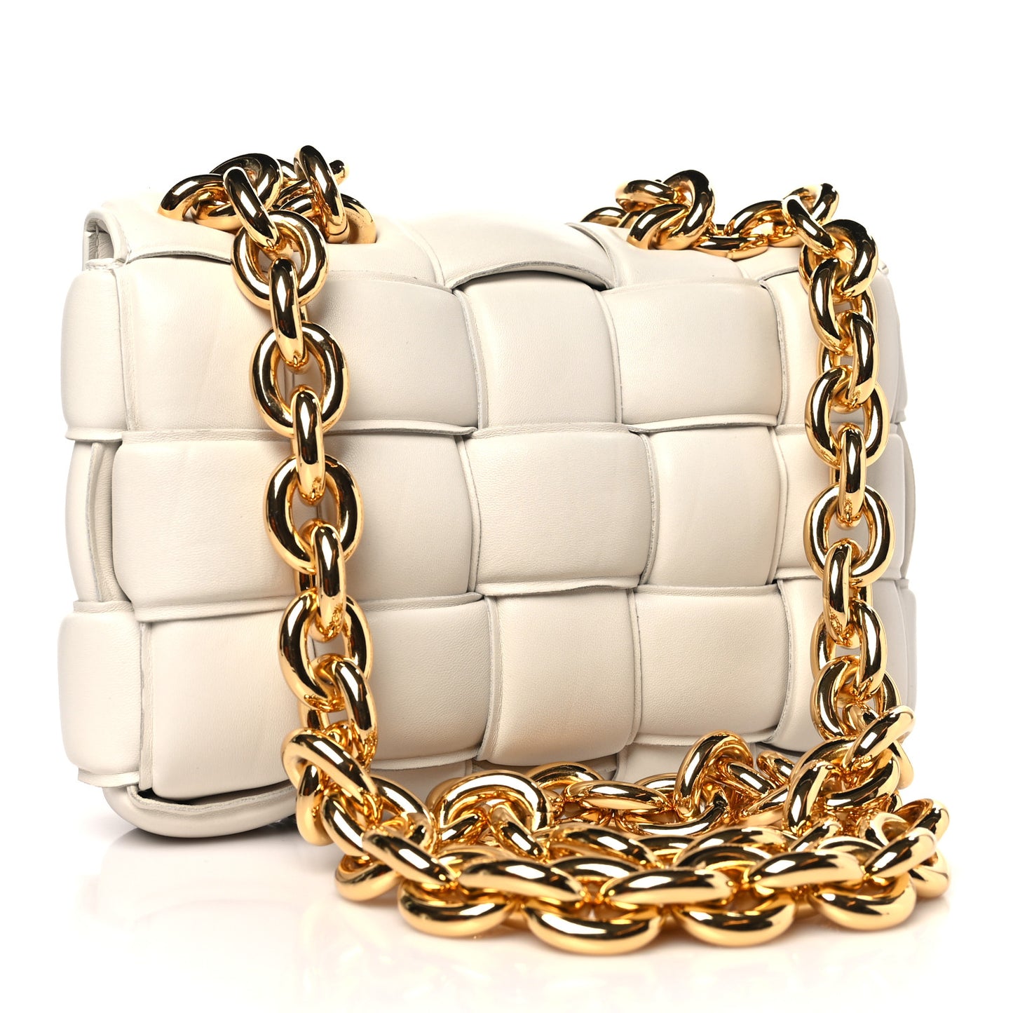 Lambskin Maxi Intreccio Padded Chain Cassette Crossbody Bag White