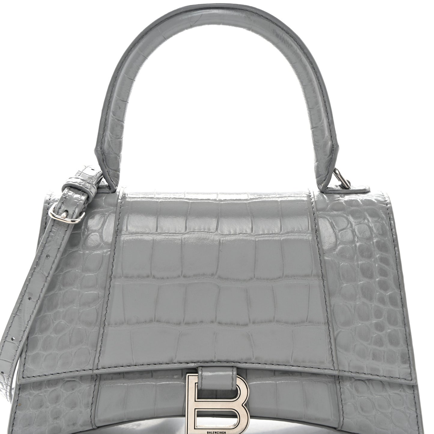 Shiny Calfskin Crocodile Embossed Small Hourglass Top Handle Bag Balenciaga Grey