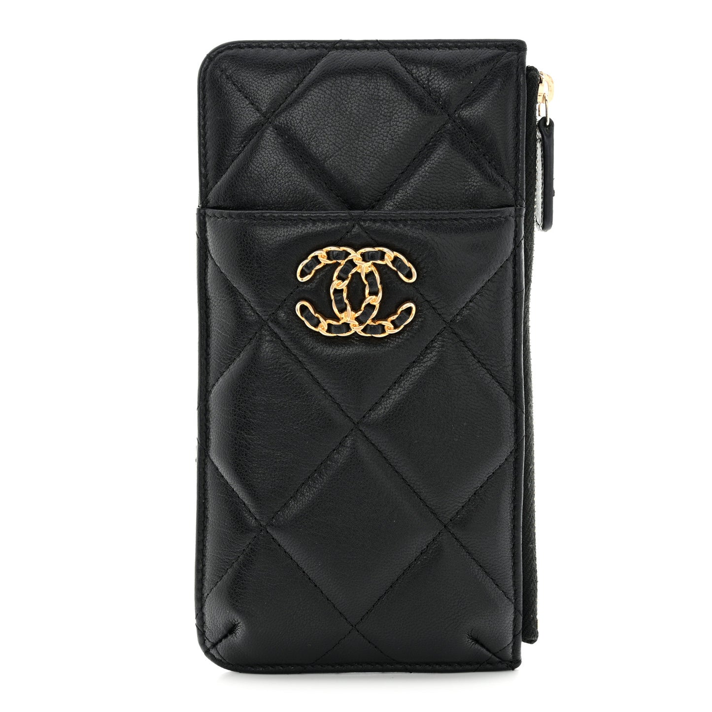 Shiny Goatskin Quilted Chanel 19 Phone and Card Holder Black