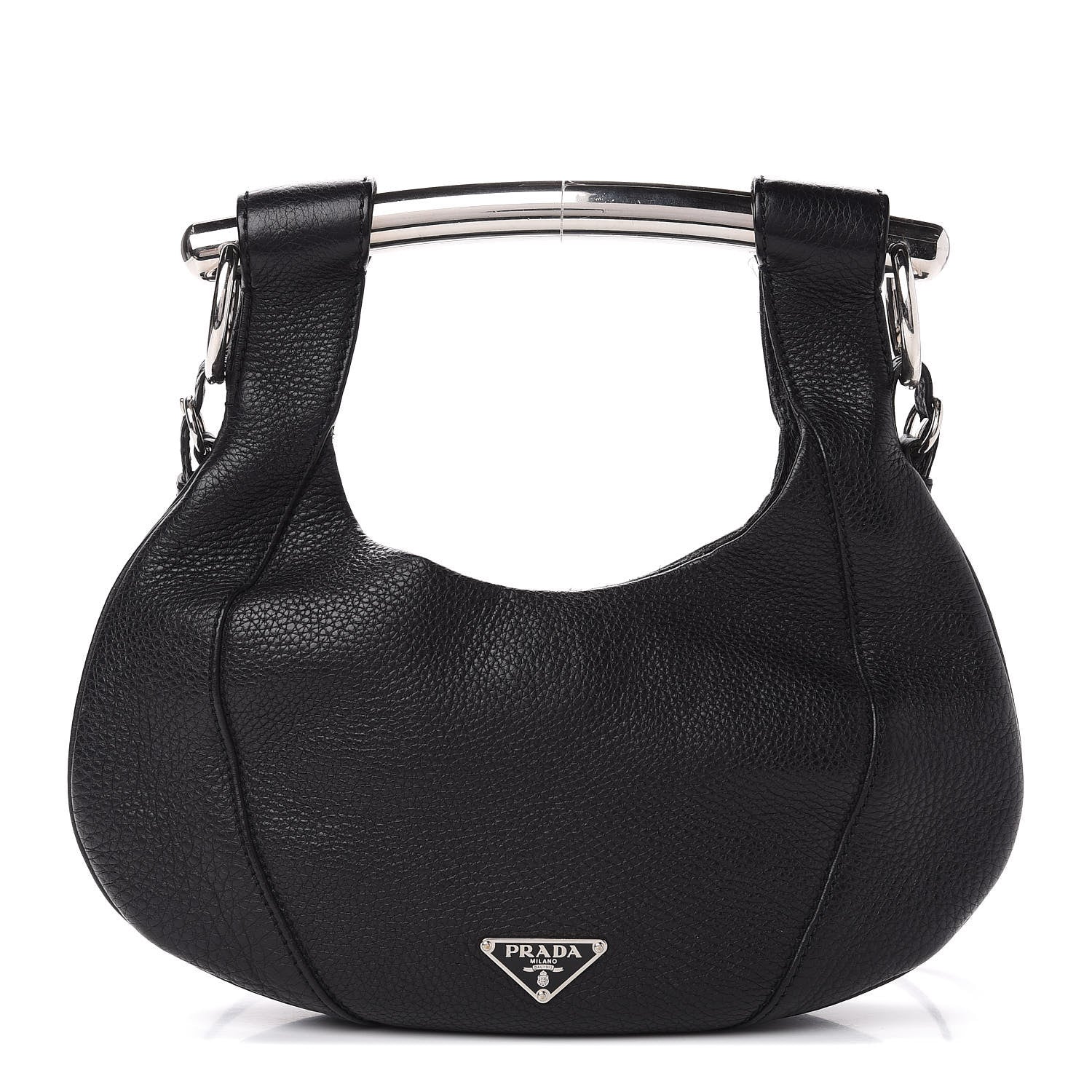 Prada Vitello Daino Metal Bar Top Handle Shoulder Bag Black 598455 
