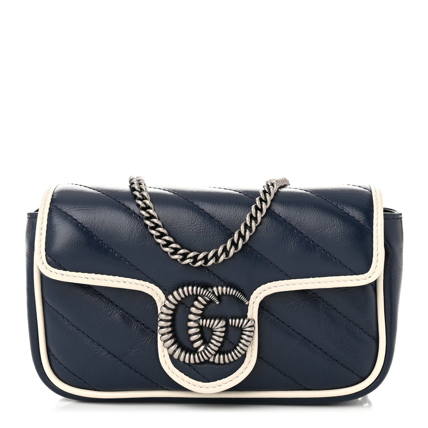 Vintage Effect Calfskin Matelasse Diagonal Super Mini Torchon GG Marmont Shoulder Bag Blue Agata Mystic White