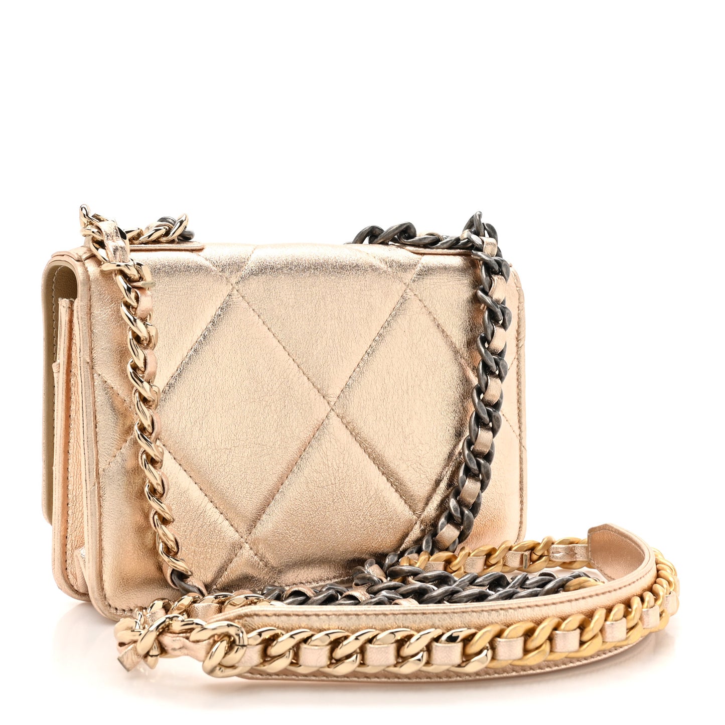 Metallic Goatskin Quilted Chanel 19 Wallet On Chain WOC Gold