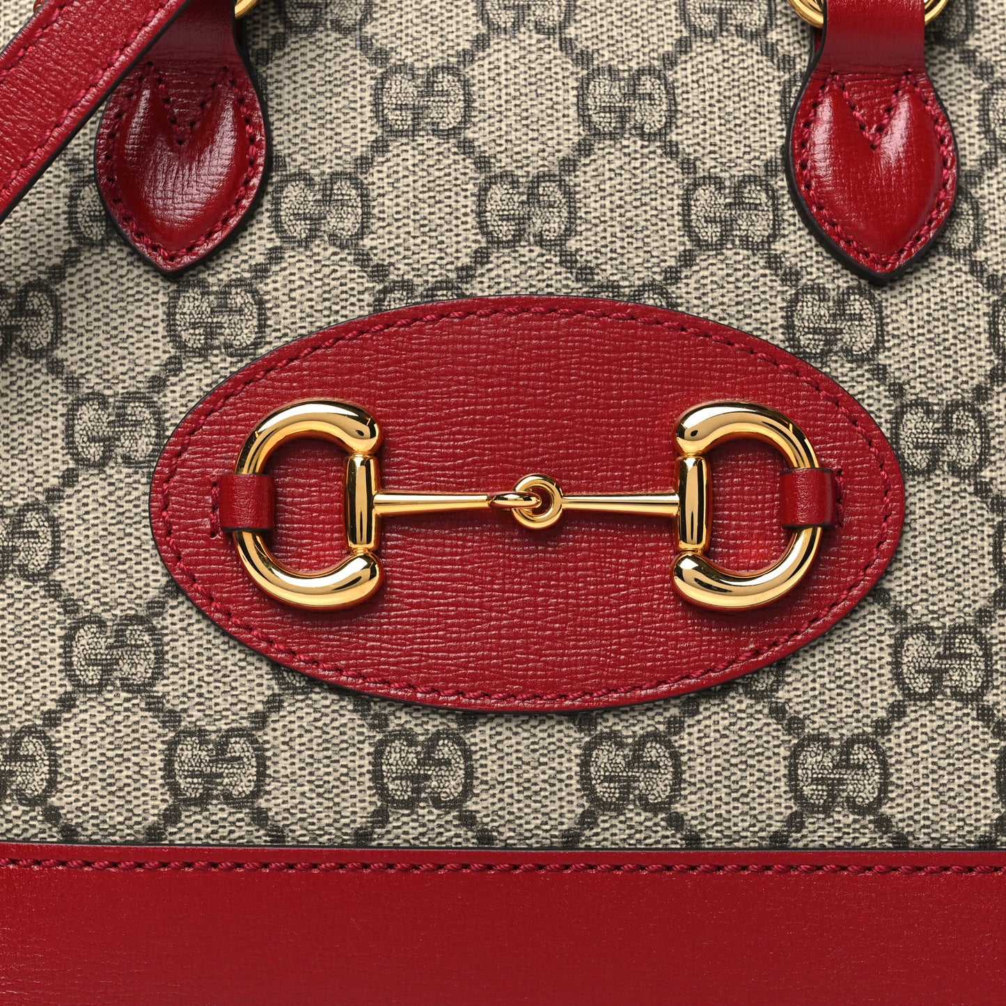 GG Supreme Monogram Azalea Calfskin Mini Horsebit 1955 Top Handle Bag Beige New Cherry Red
