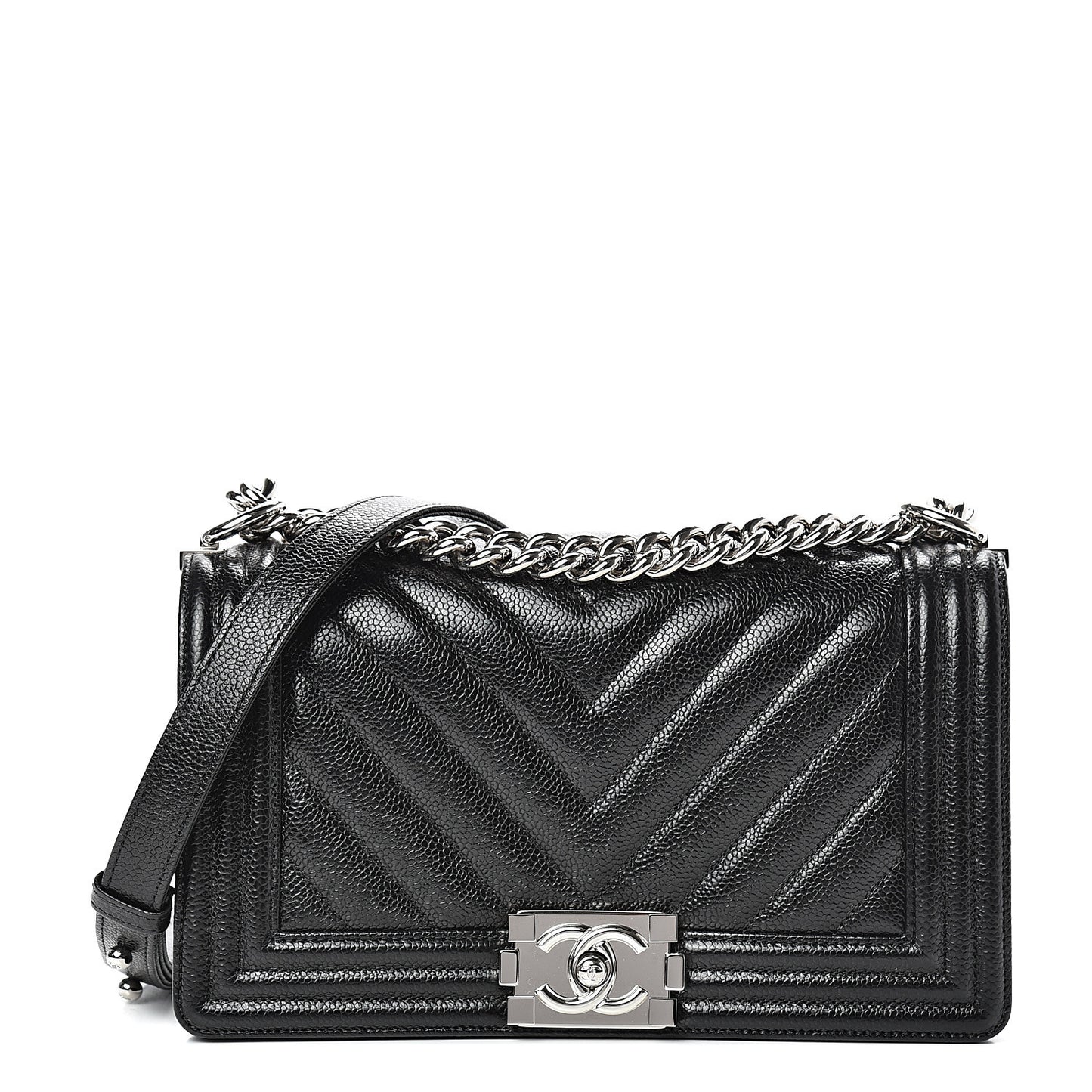 Caviar Chevron Quilted Medium Boy Flap Black